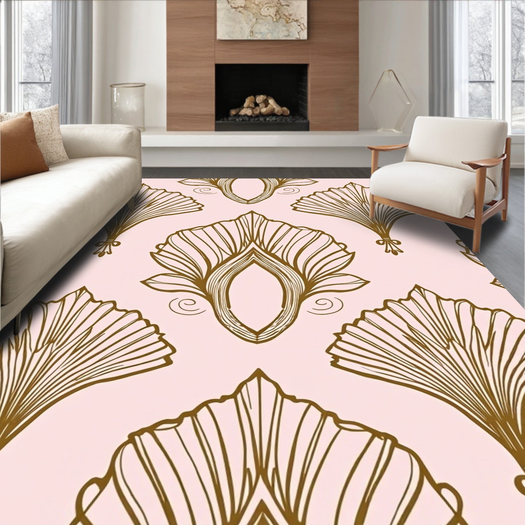 Gold Fan and Scroll Mid-Century Pattern Rug