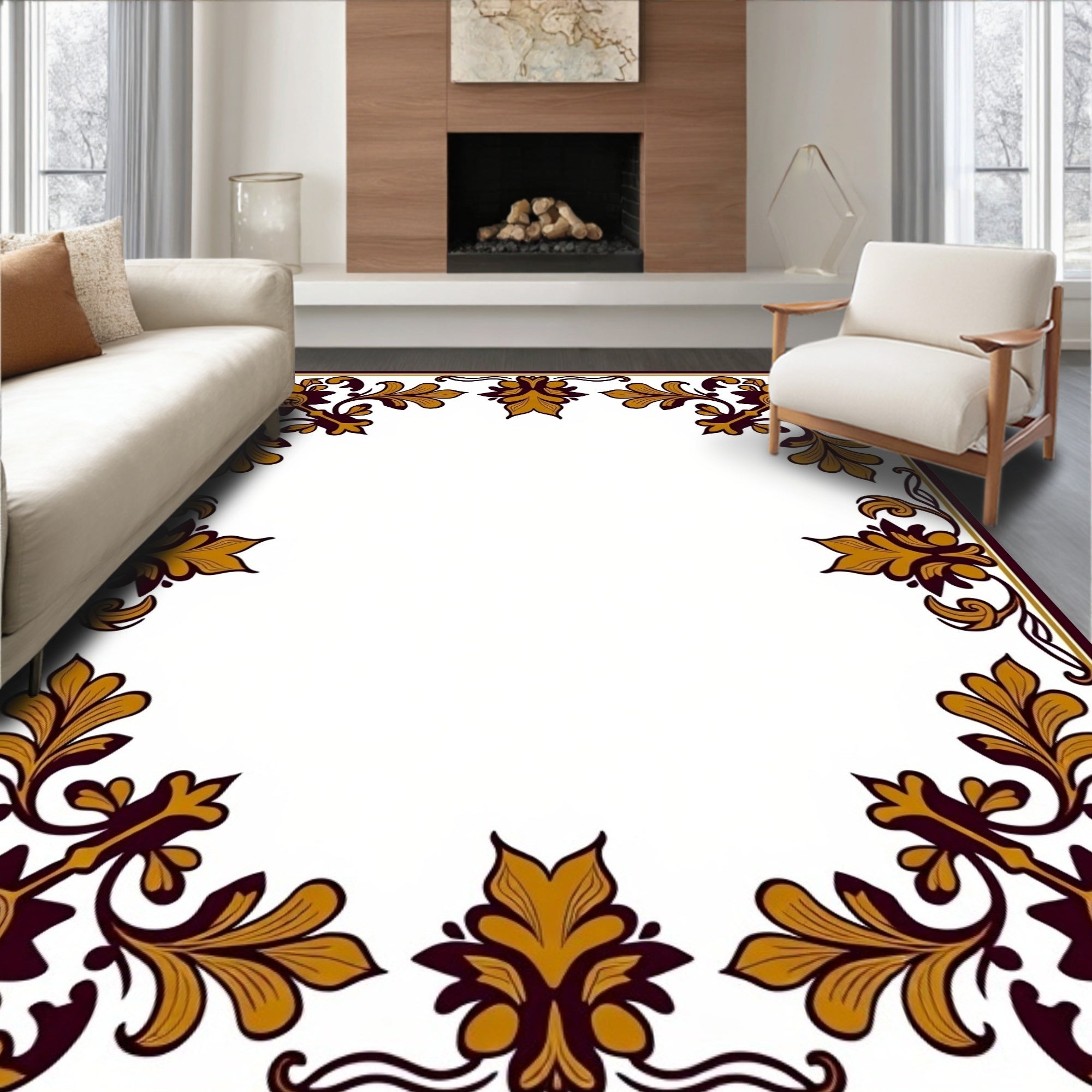 Ornate Floral Scrollwork Border Design Rug