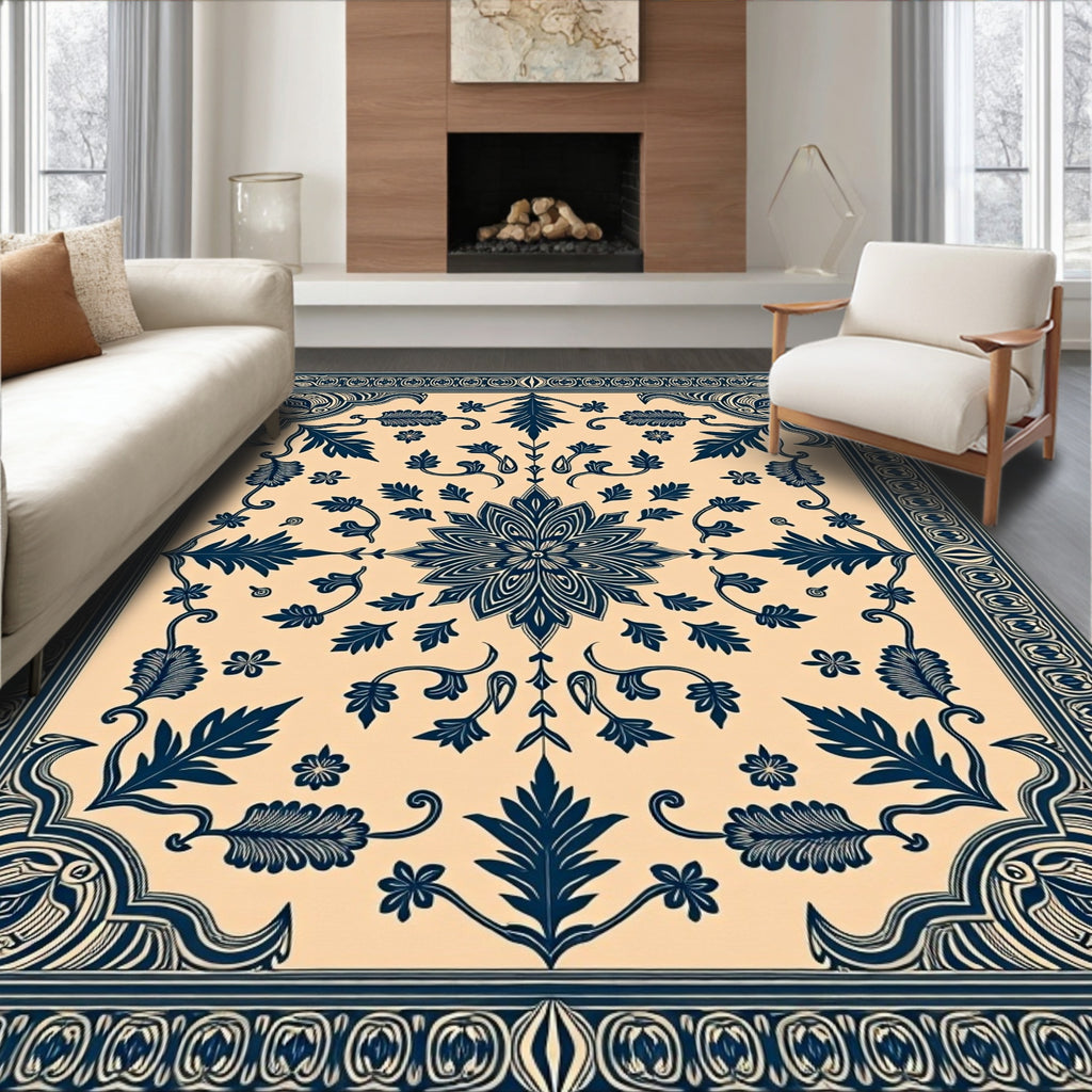 Elegant Floral Scrollwork Dark Indigo Rug