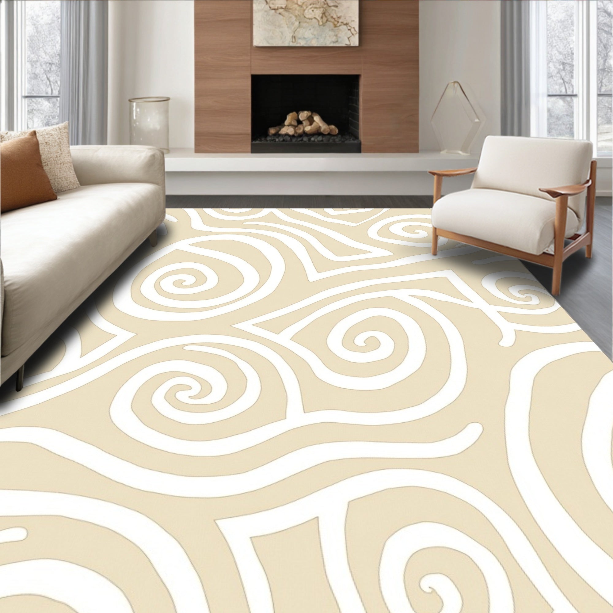 Cream and White Swirl Pattern Rug