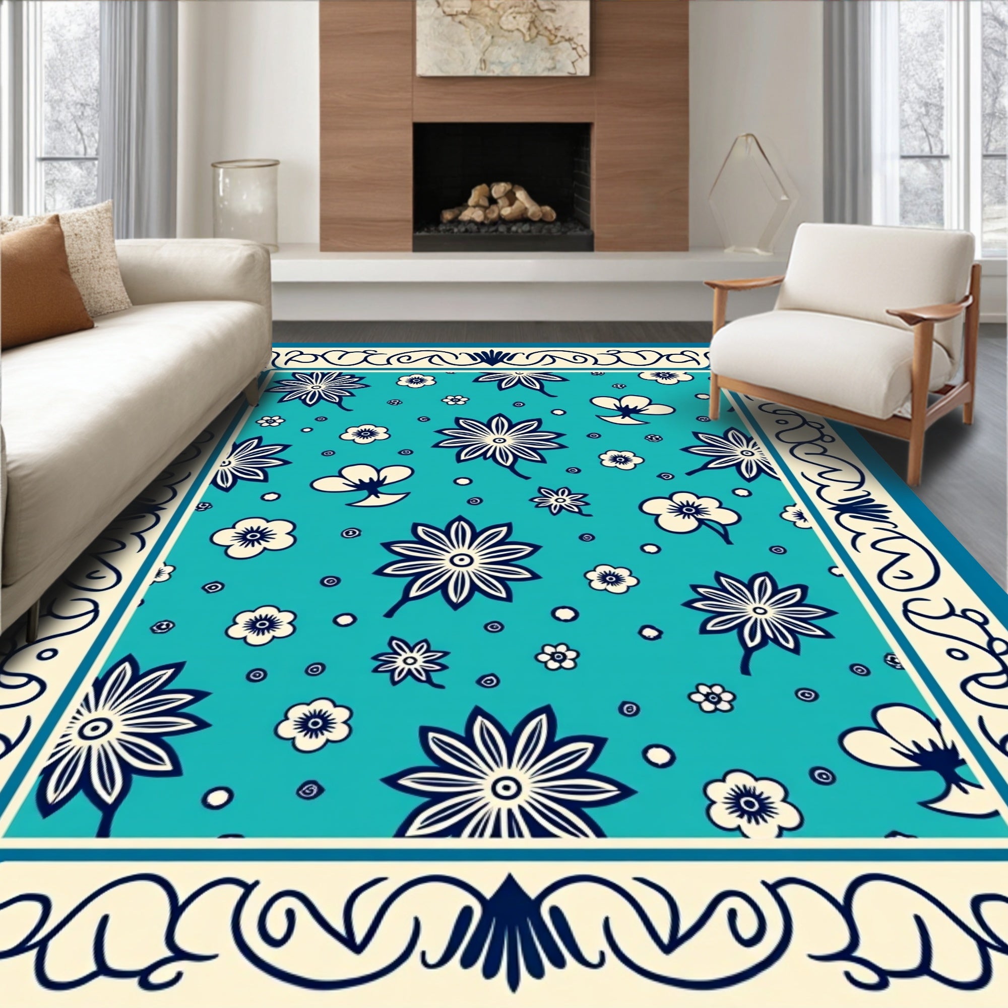 Turquoise Floral Patterned Decorative Rug