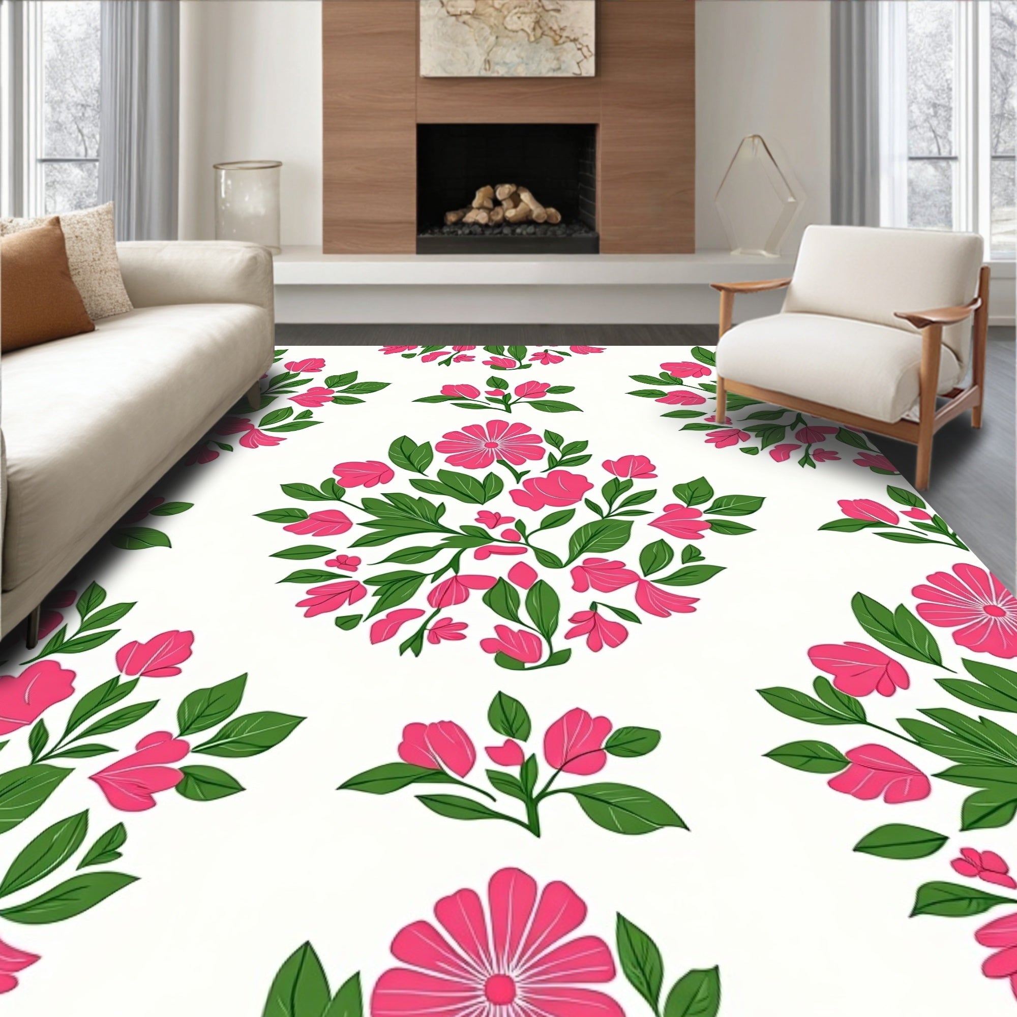 Pink Floral Arrangement Repeating Pattern Rug
