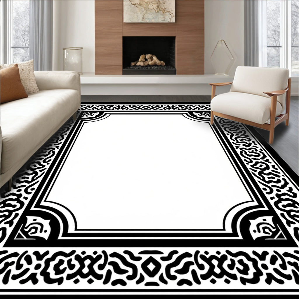 Intricate Black White Scroll Frame Design Rug