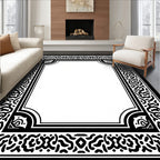 Intricate Black White Scroll Frame Design Rug