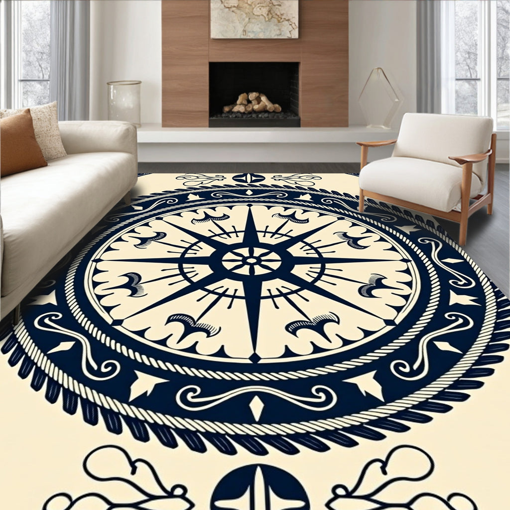 Navy Compass Rose Rope Design Rug