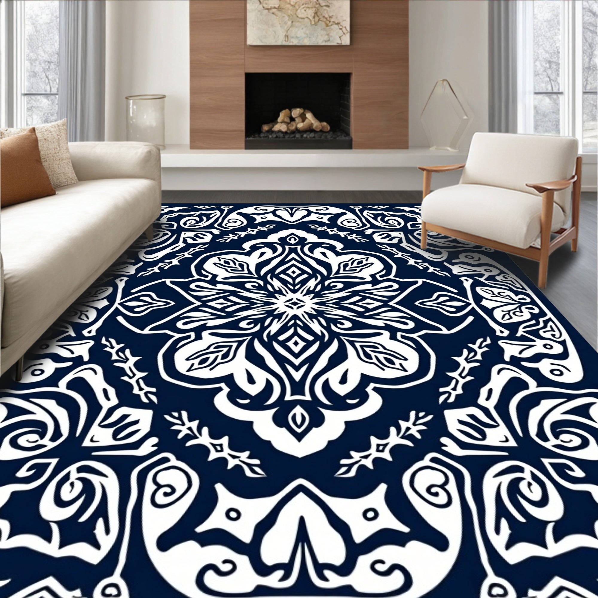 Dark Blue White Ornate Medallion Rug