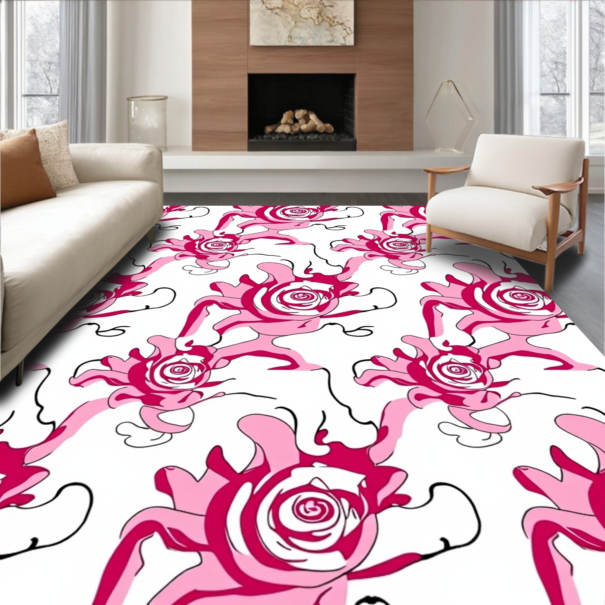 Abstract Pink Swirl Flower Pattern Design Rug