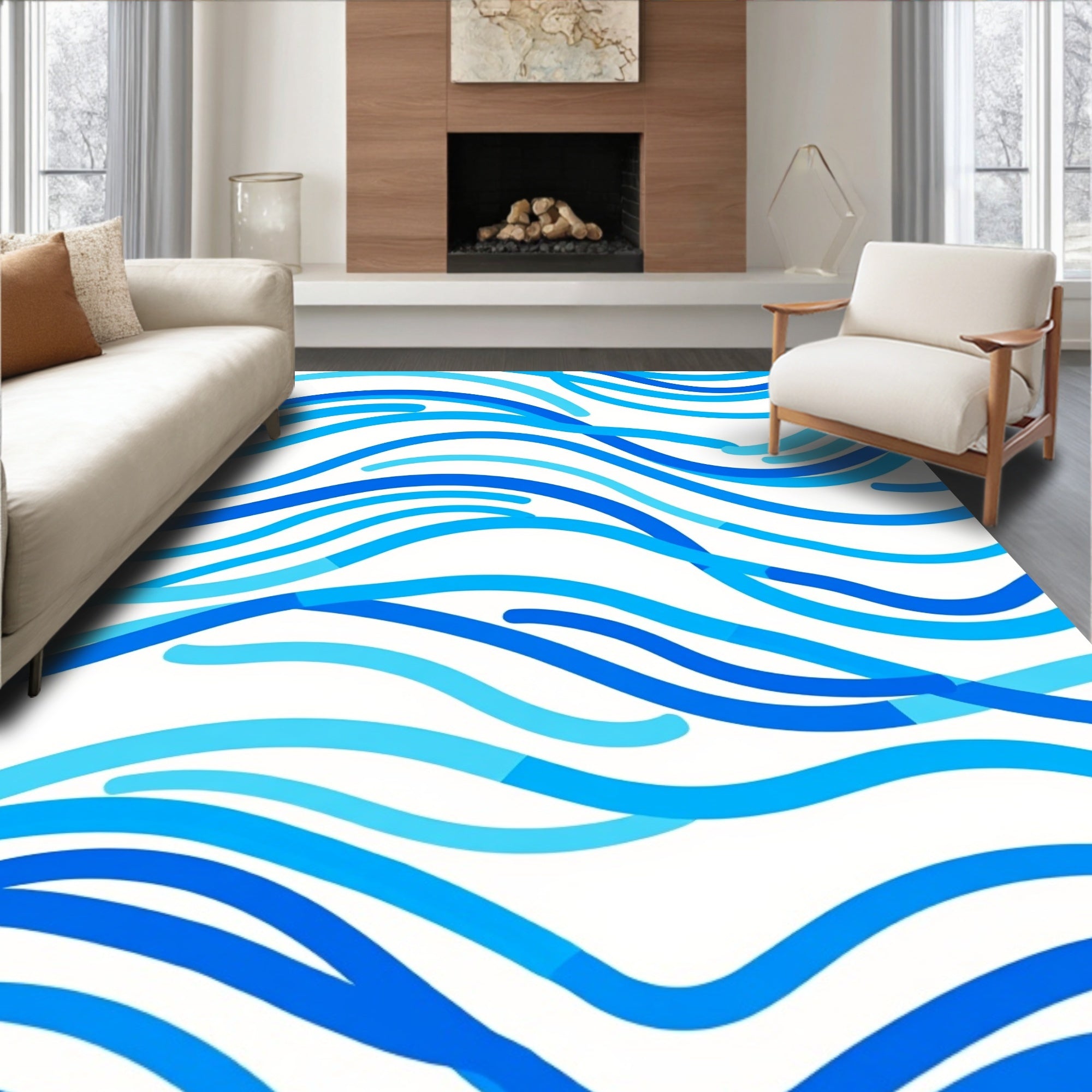 Abstract Blue Waves Pattern Rug