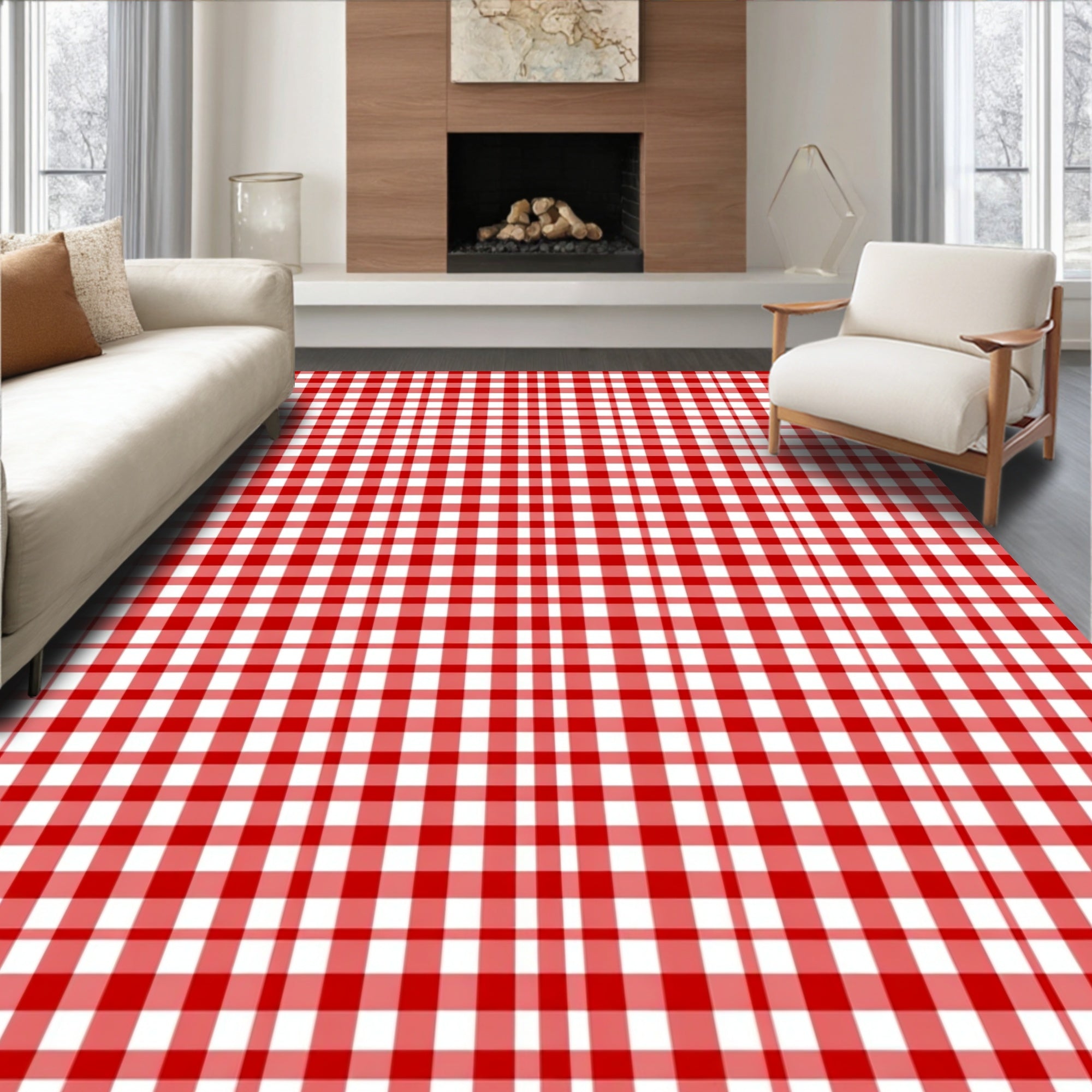 Classic Red White Gingham Pattern Rug