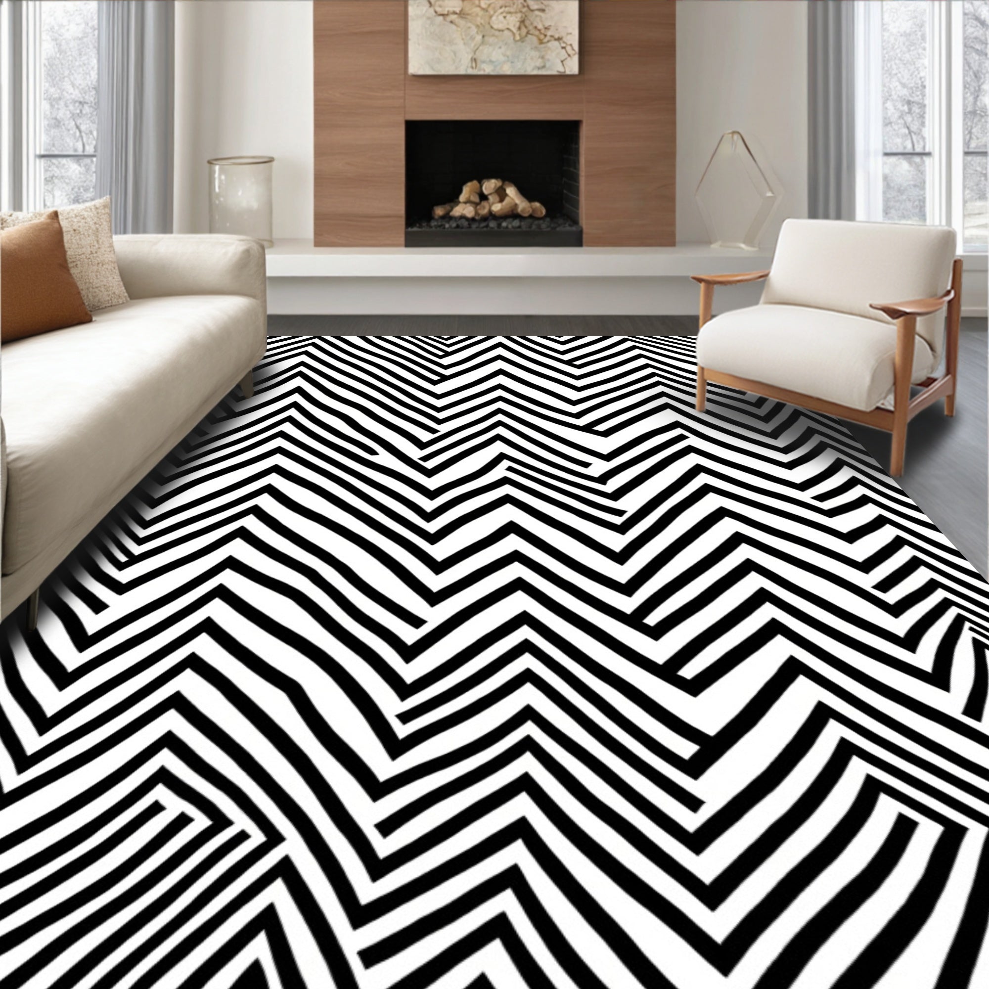 Abstract Black White Zigzag Pattern Rug