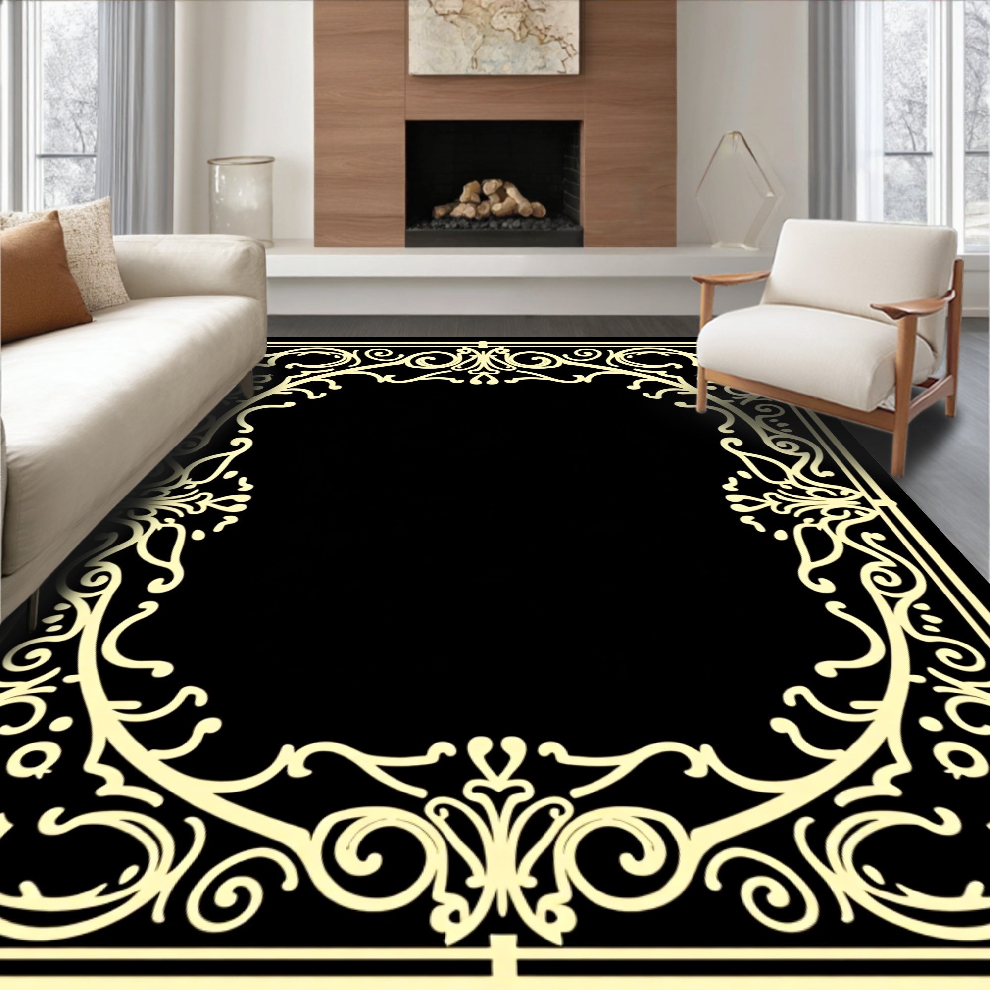Cream Baroque Swirl Border Design Rug
