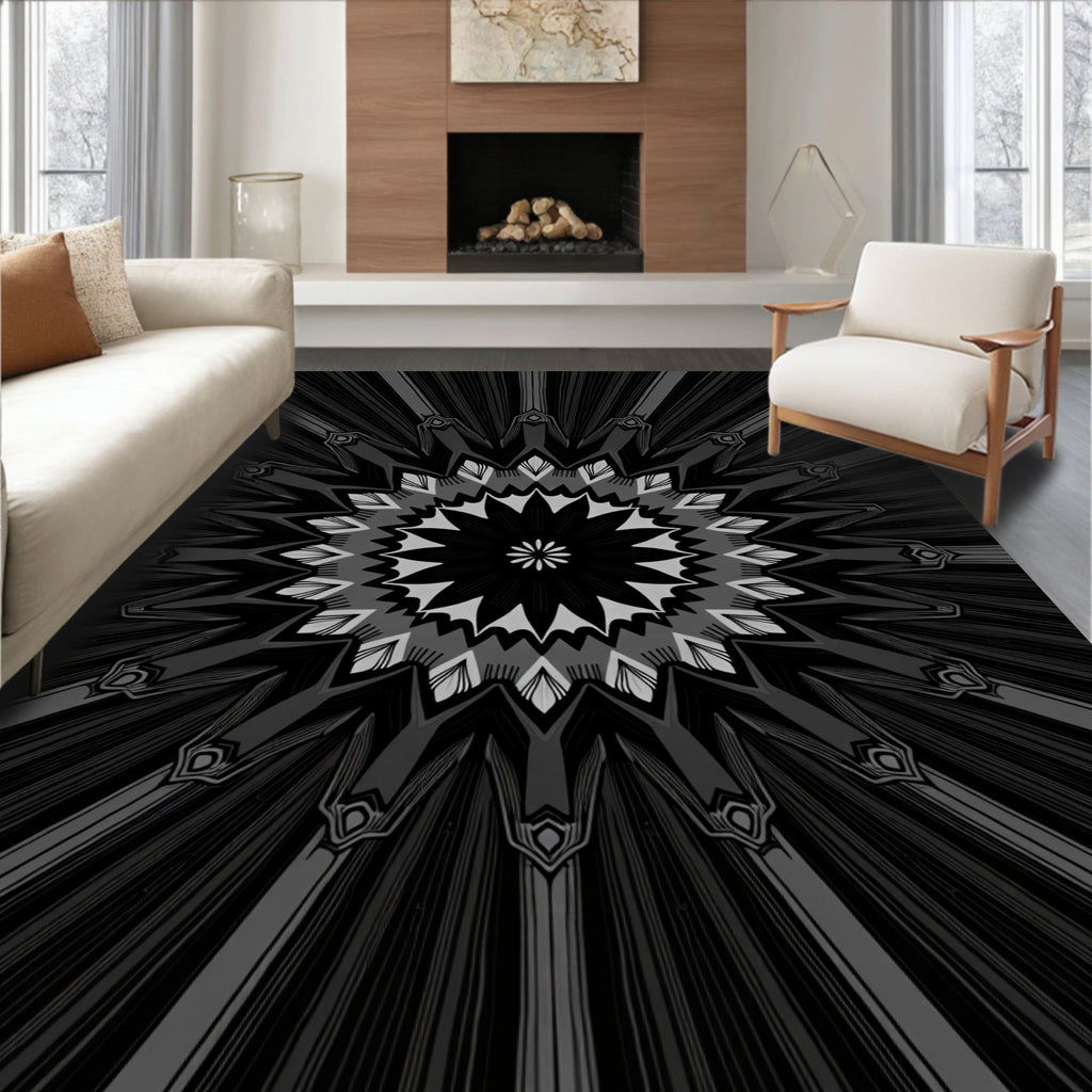Radiating Dark Geometric Mandala Pattern Rug