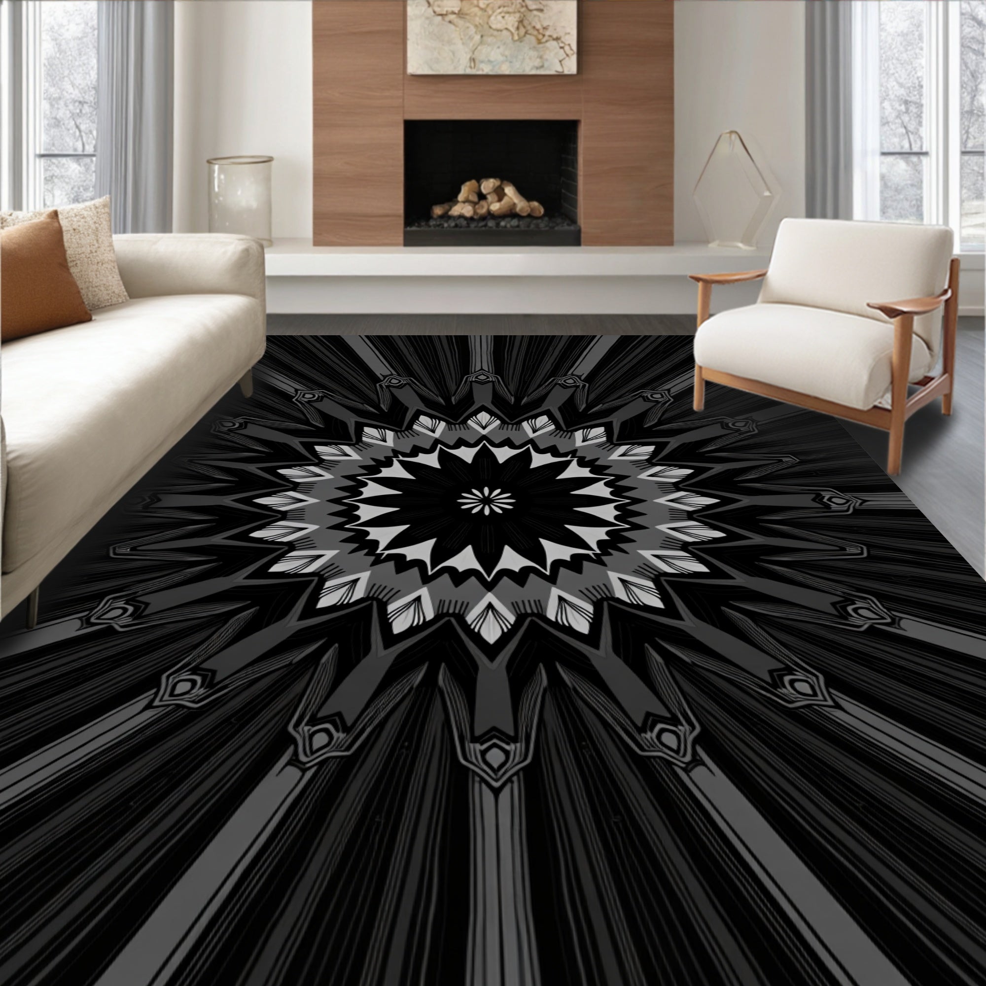Radiating Dark Geometric Mandala Pattern Rug