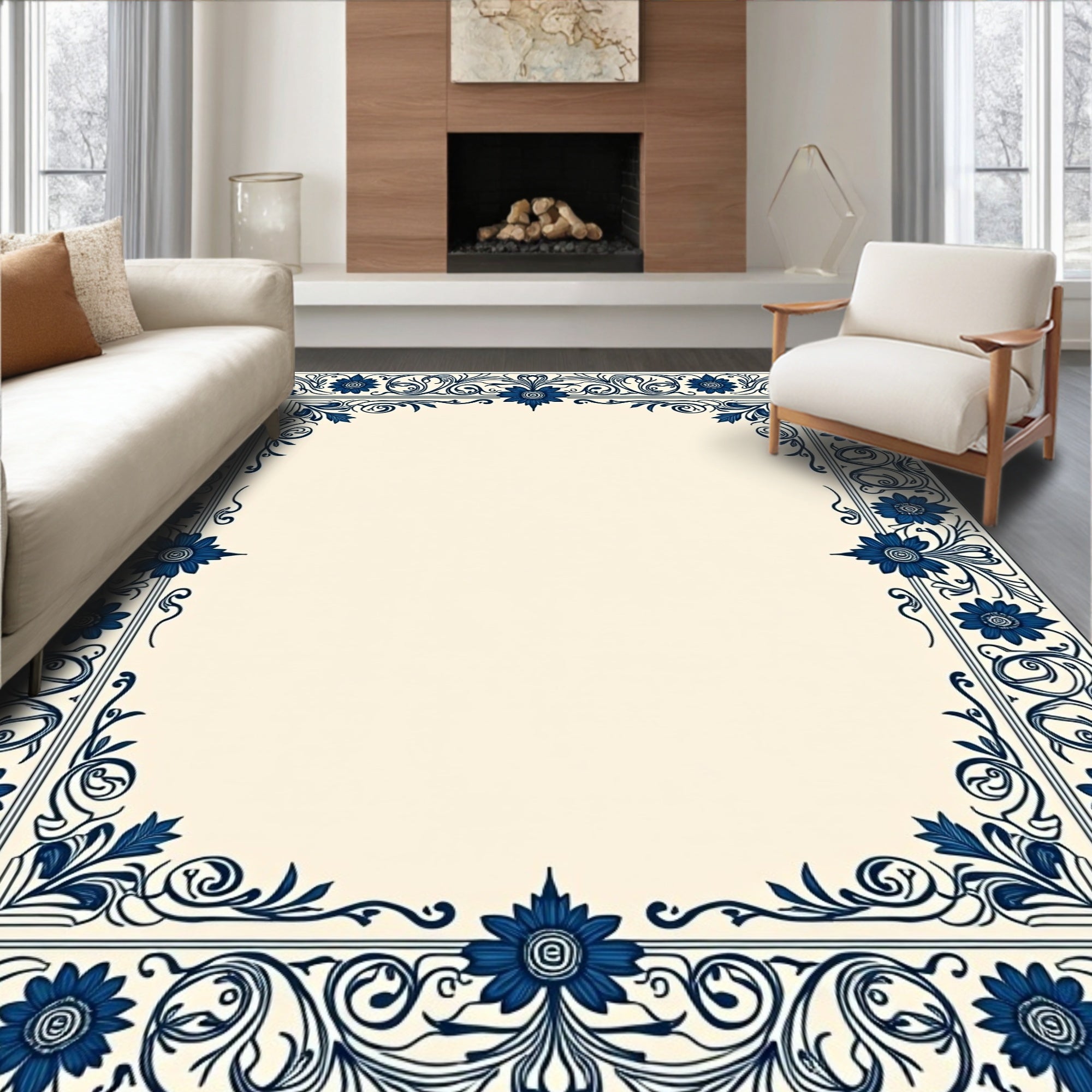 Elegant Blue Floral Scrollwork Rug