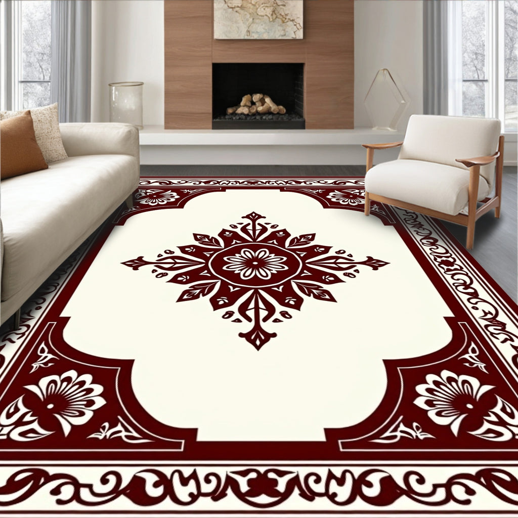 Maroon Cream Ornate Floral medallion Rug