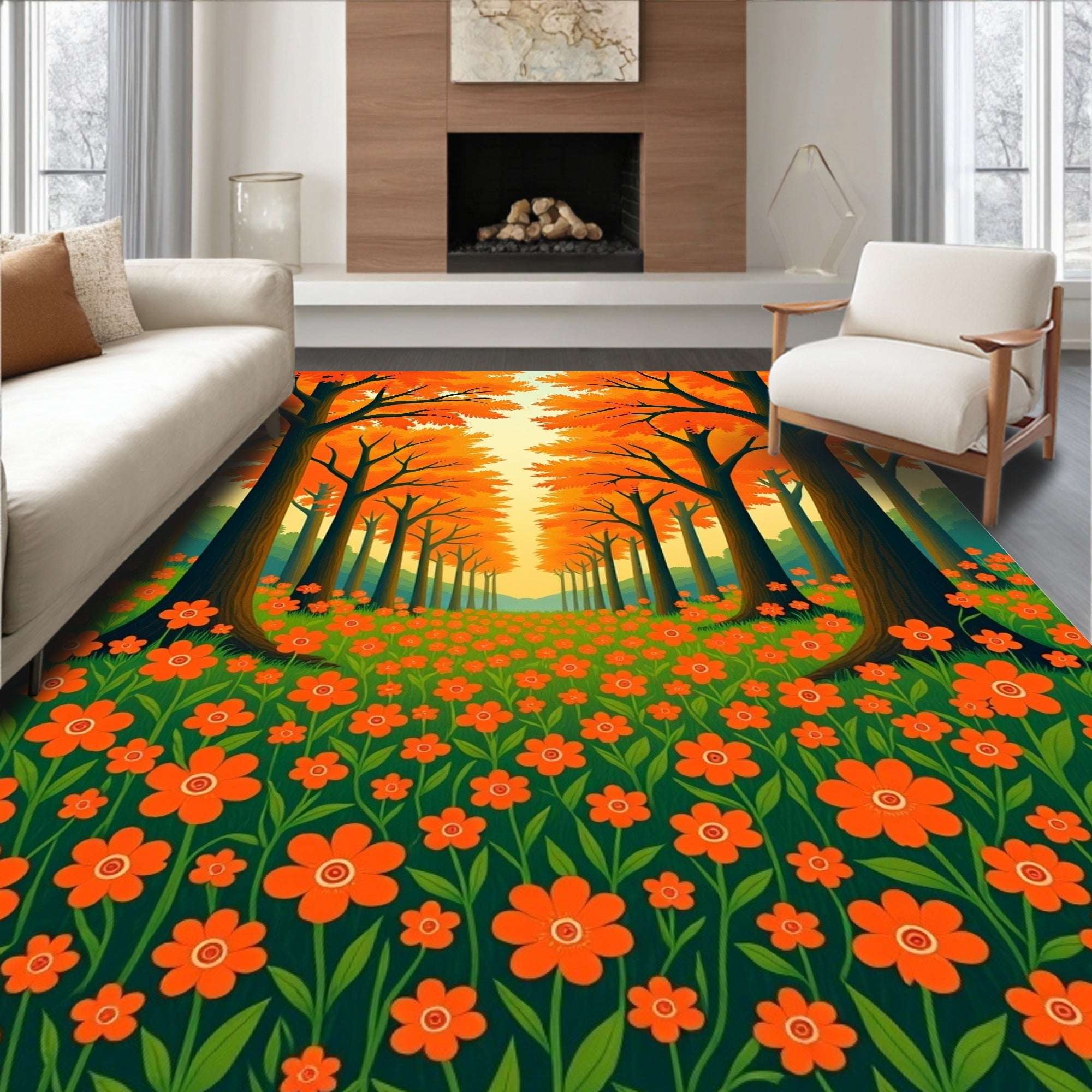 Autumn Forest With Orange Flowers Rug