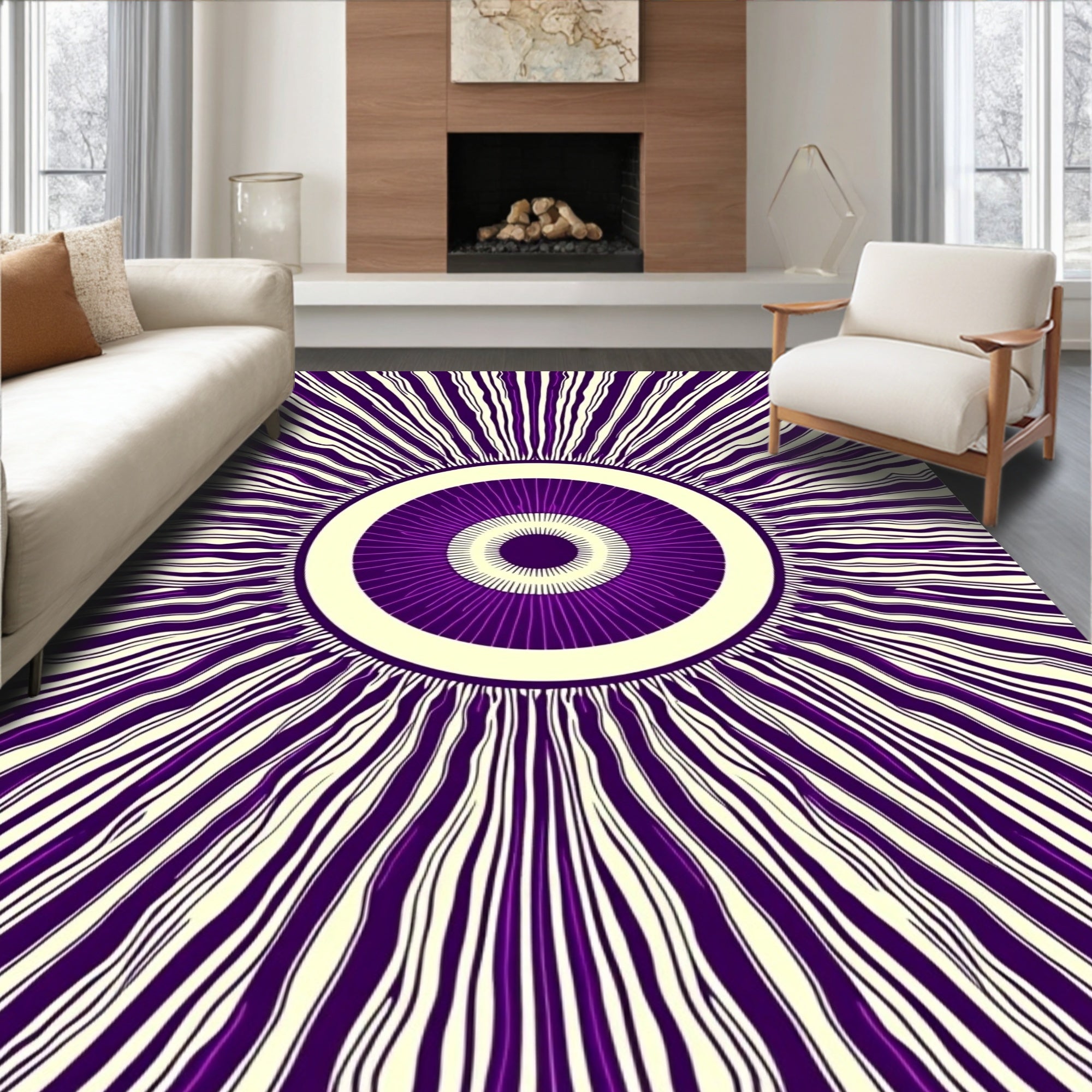 Radial Purple Cream Sunburst Design Rug