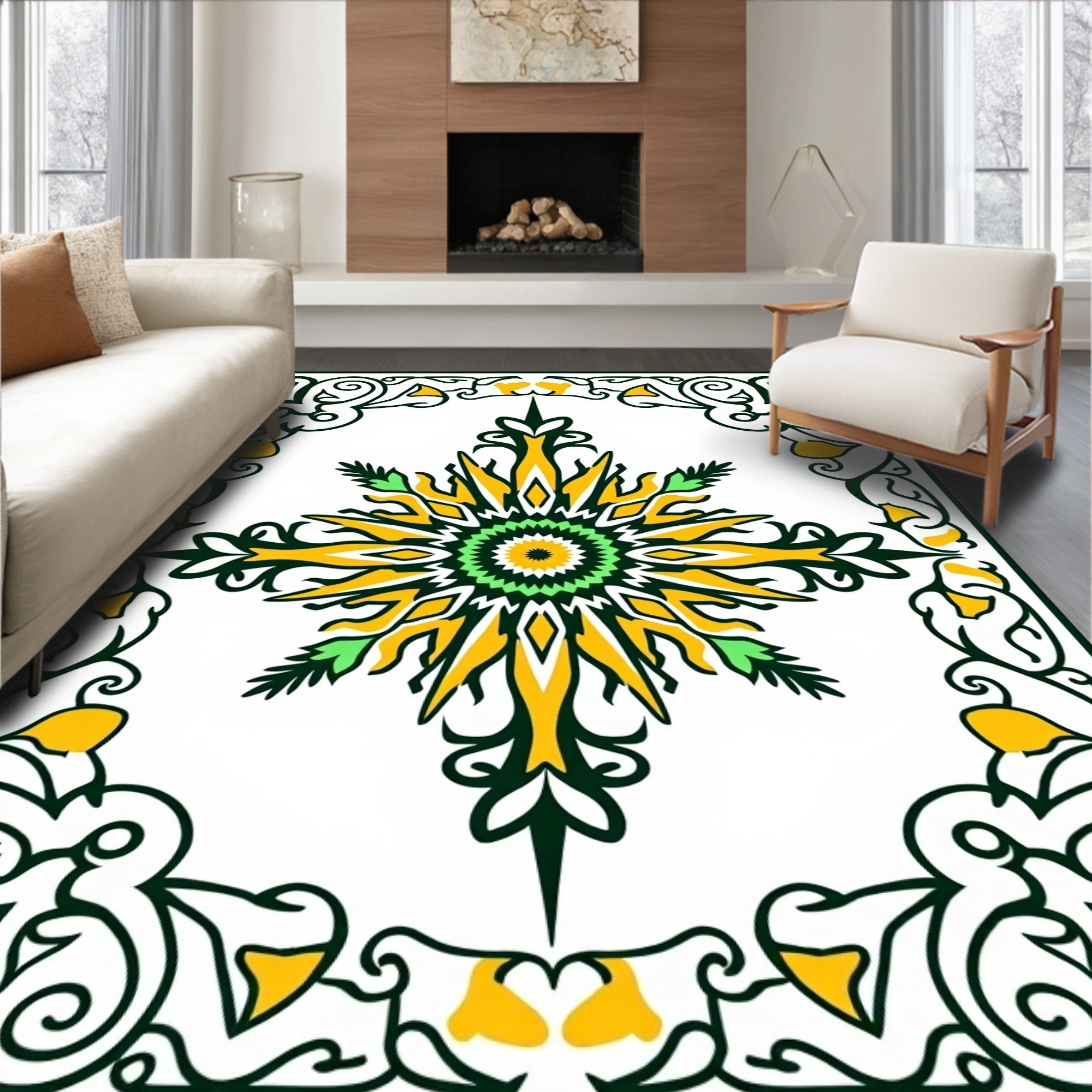 Abstract Yellow Green Sunburst Pattern Rug