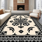 Ornate Black Floral Damask Border Rug
