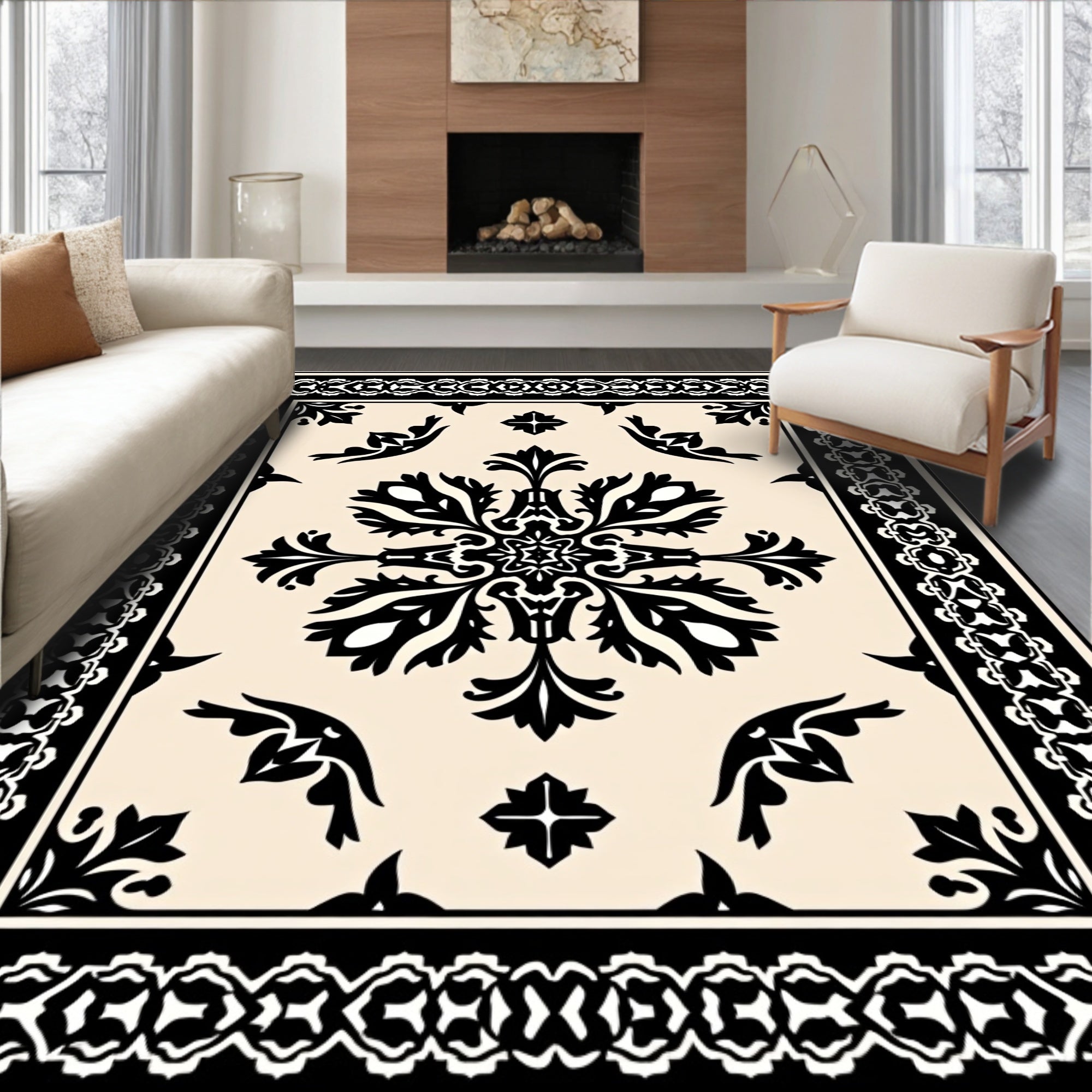 Ornate Black Floral Damask Border Rug