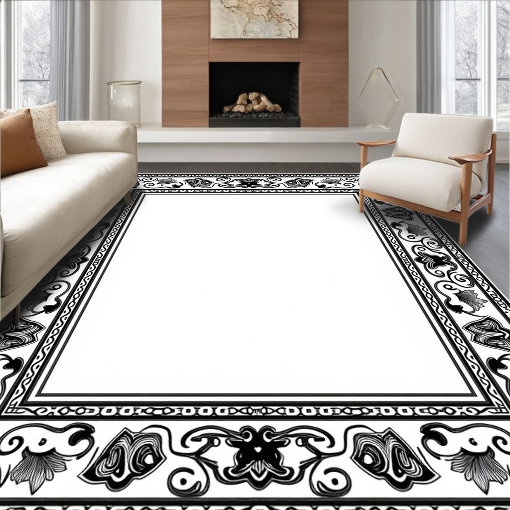 Ornate Floral Scrollwork Black White Design Rug