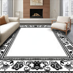 Ornate Floral Scrollwork Black White Design Rug