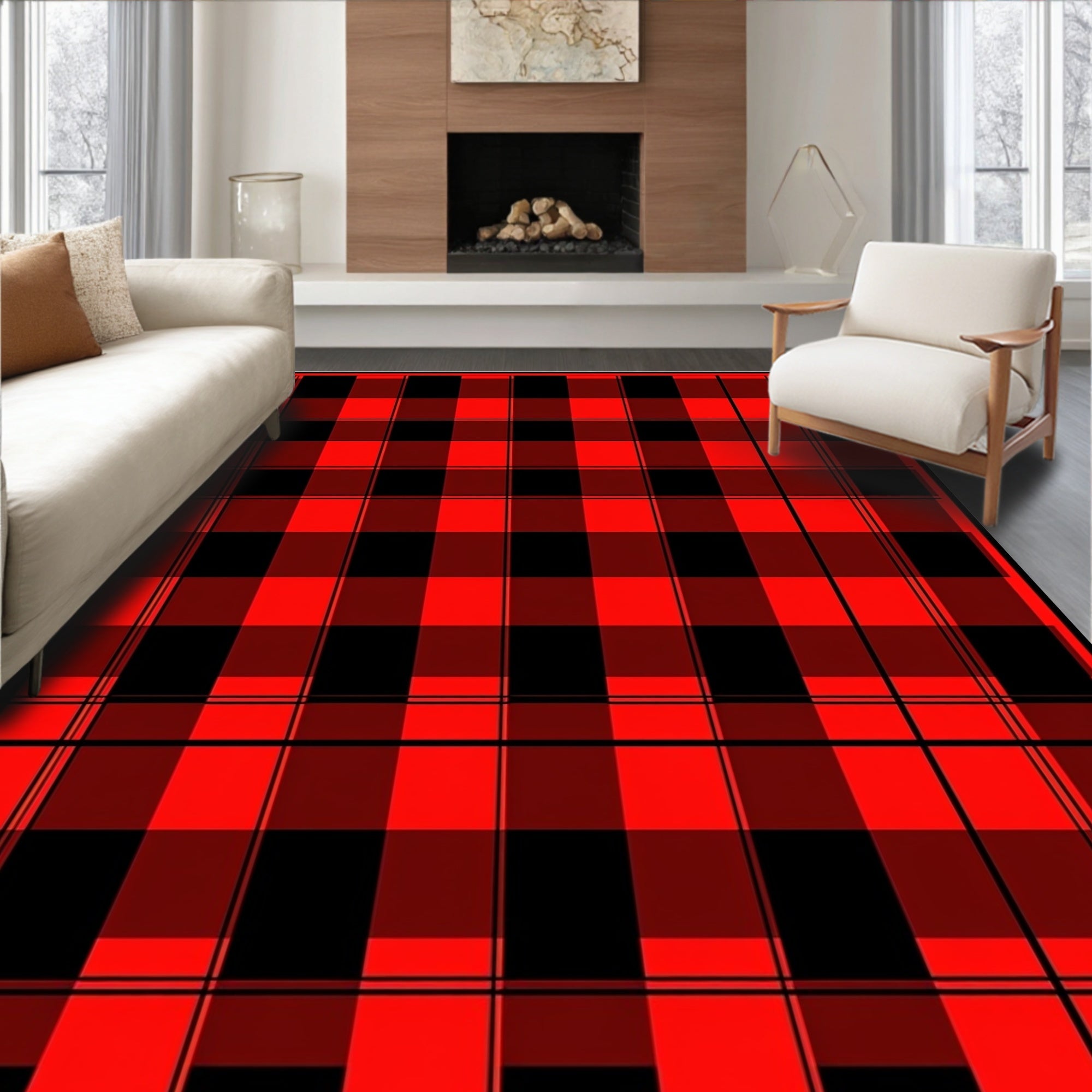 Bold Red Black Plaid Pattern Rug