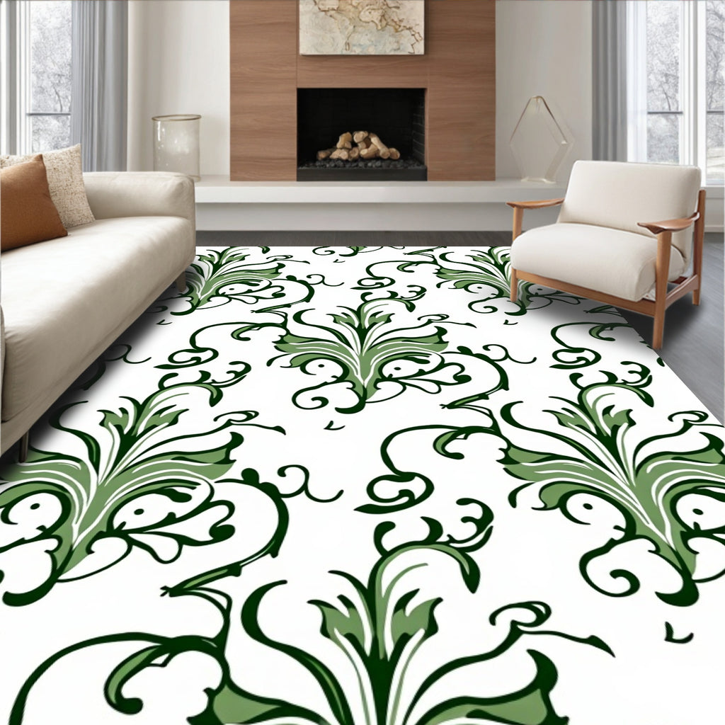 Green Floral Swirl Pattern Rug