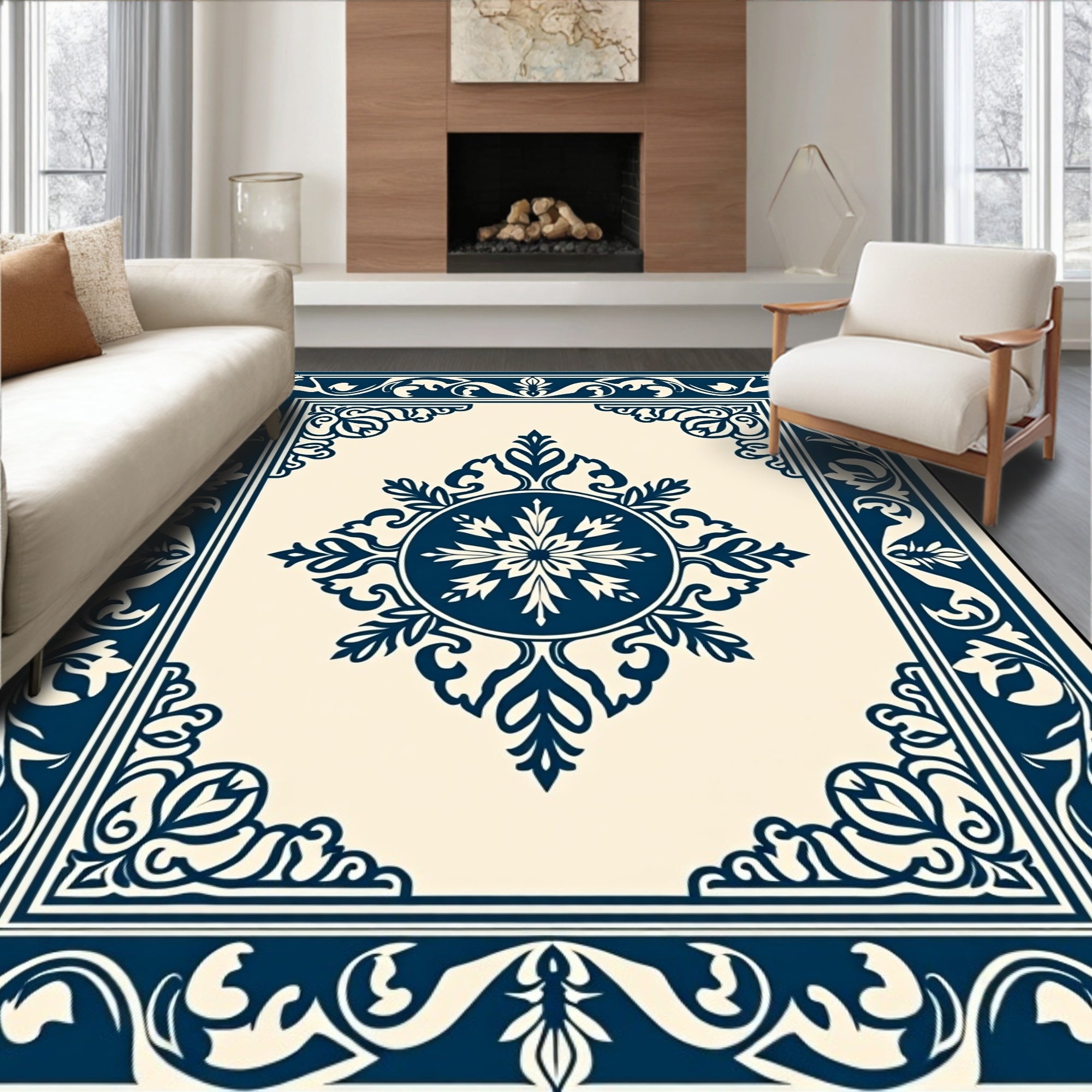 Classic Indigo Floral Medallion Border Rug