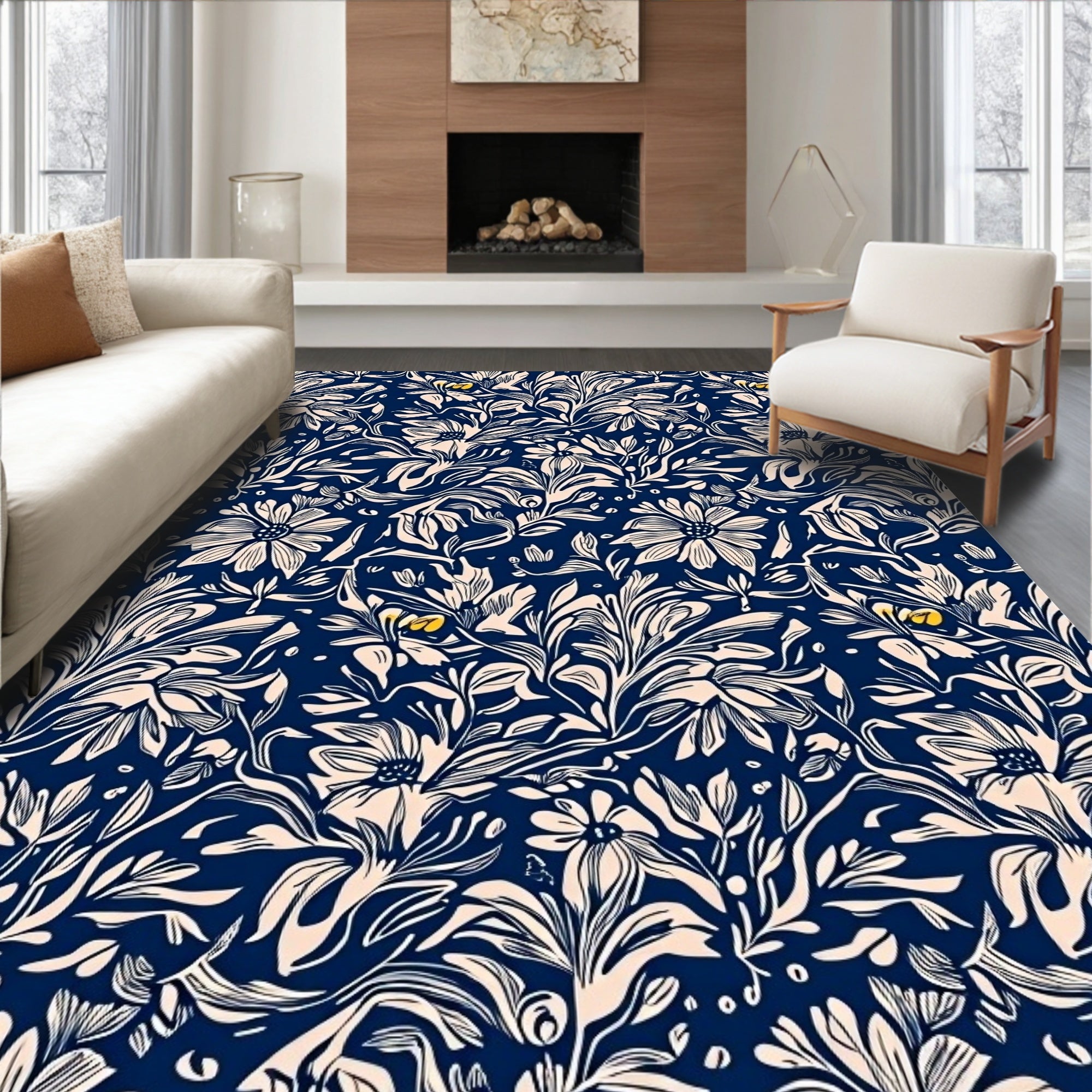 Navy Floral Outline Print Rug