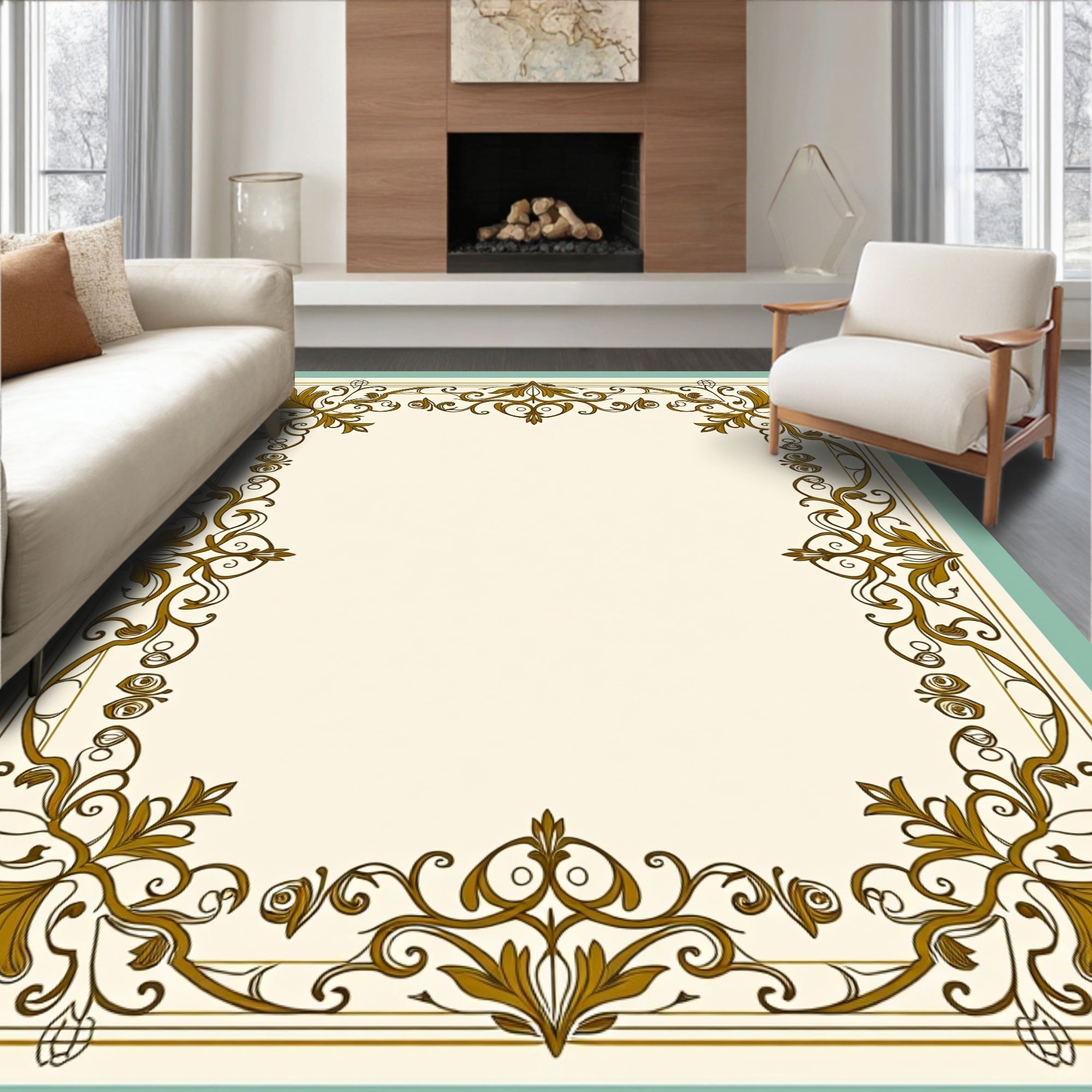 Ornate Golden Floral Border Design Rug
