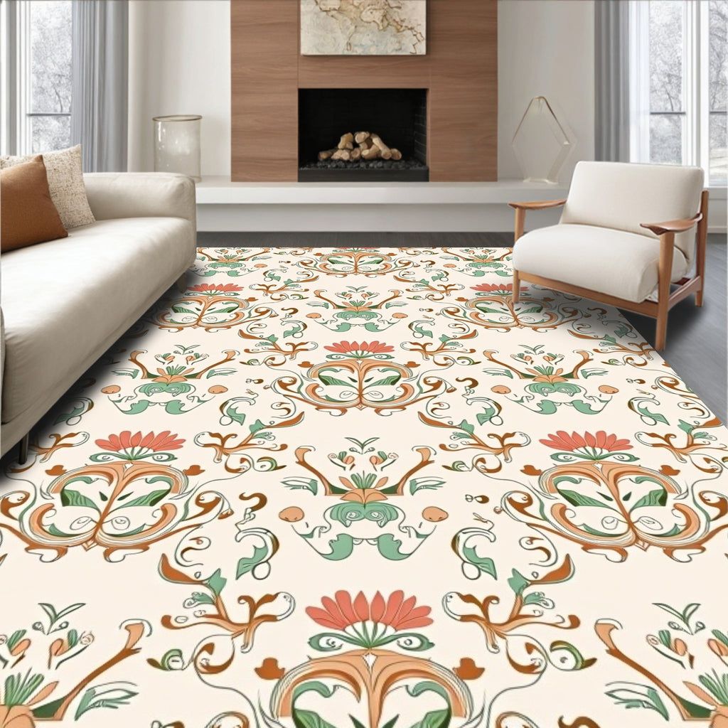 Floral Swirl Pattern With Green Orange Rug