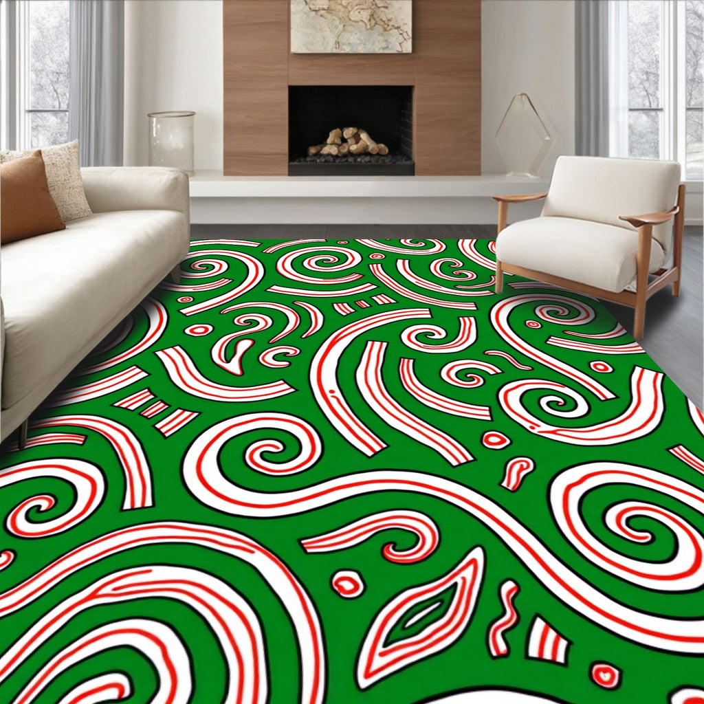 Green White Red Swirling Cursive Abstract Rug