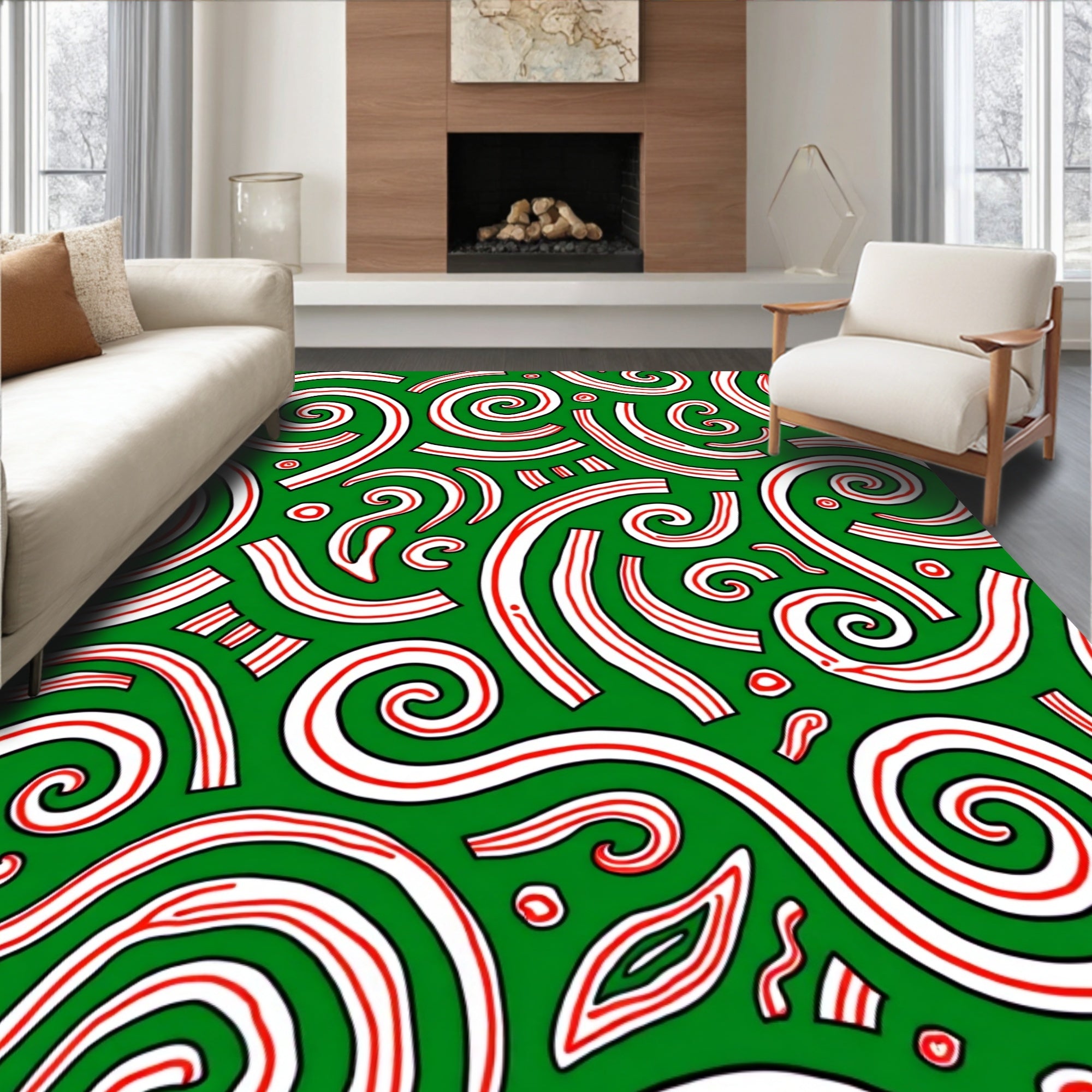 Green White Red Swirling Cursive Abstract Rug