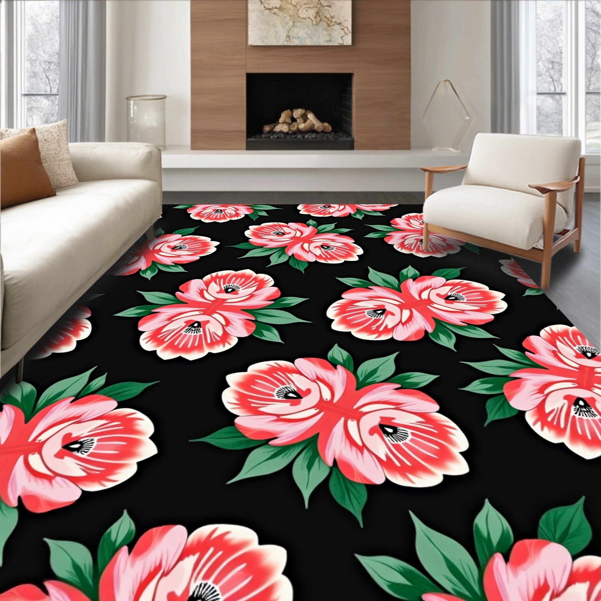 Bold Floral Arrangement On Black Rug