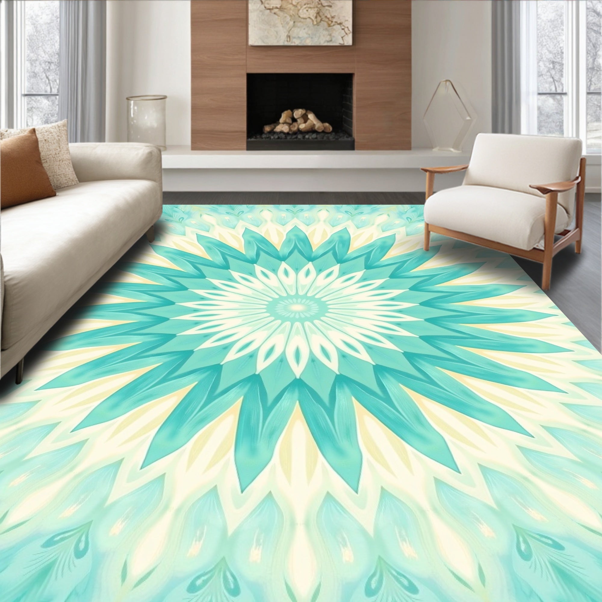 Aqua Petal Mandala Pattern Rug