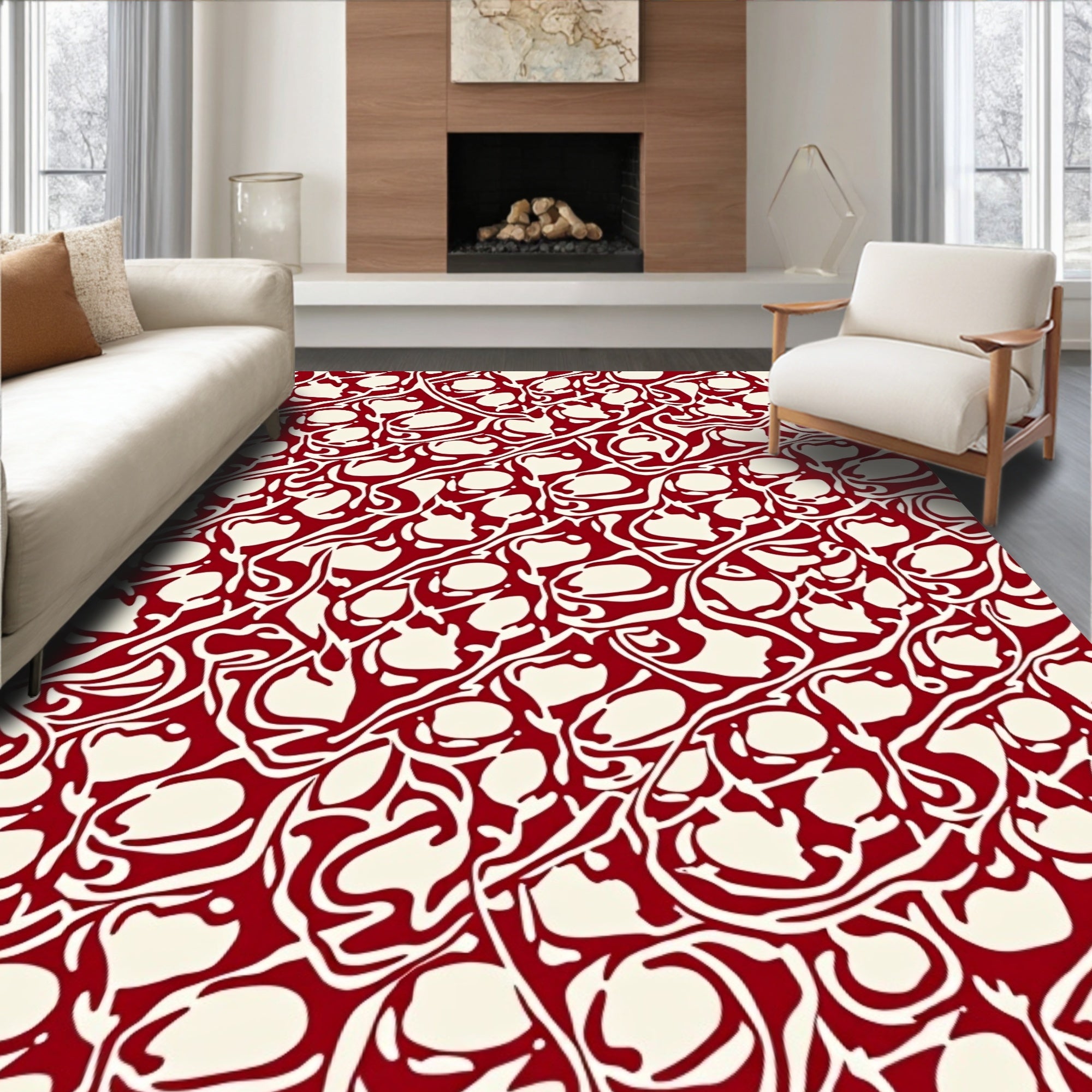 Red Ivory Abstract Flowing Pattern Rug