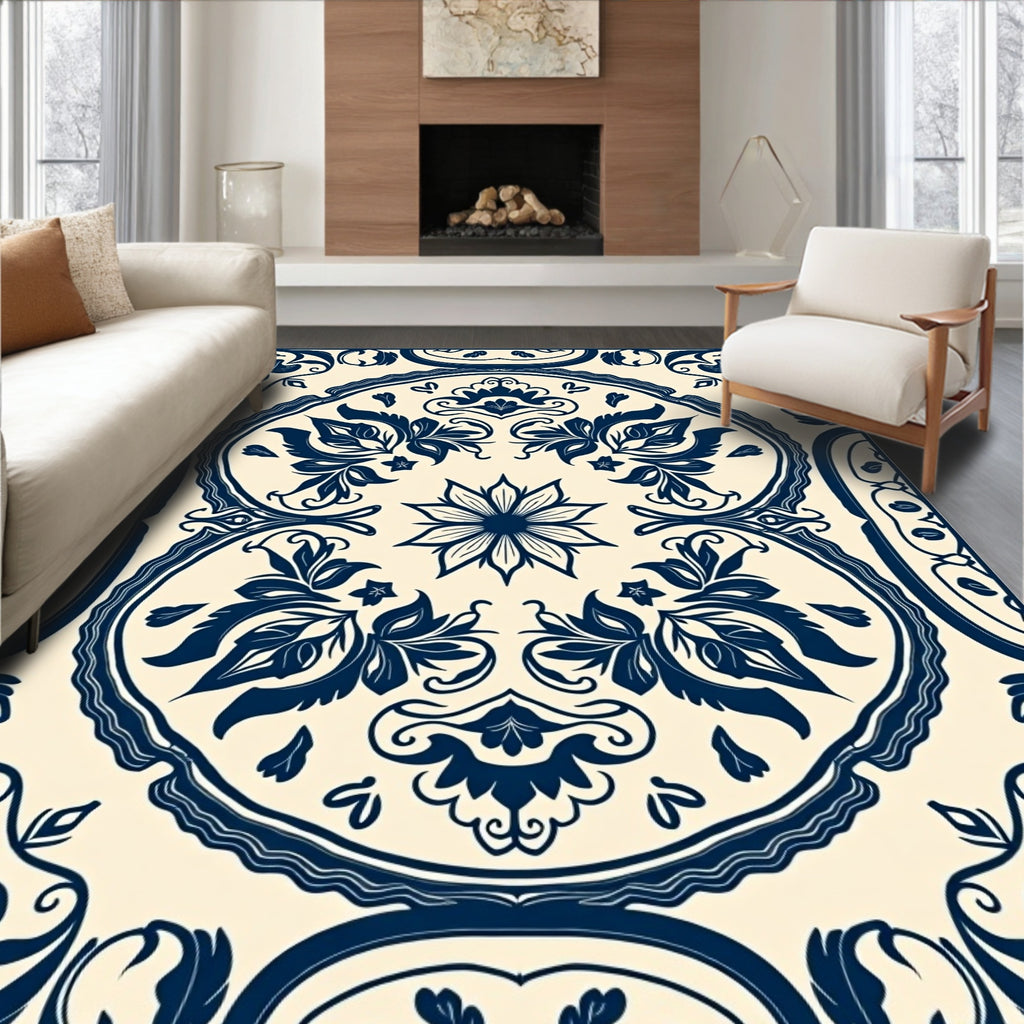 Navy Floral Inlay Mandala Pattern Rug