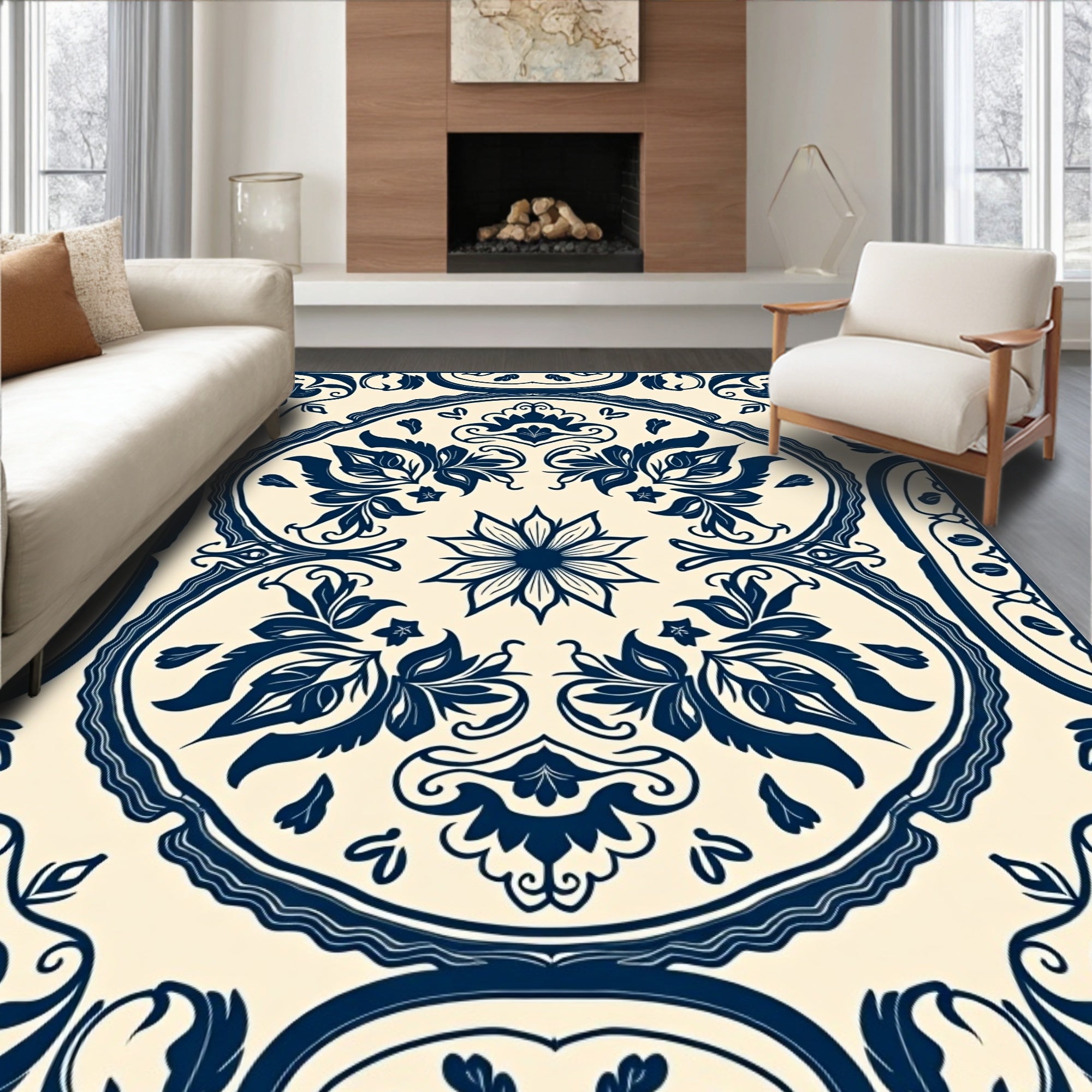 Navy Floral Inlay Mandala Pattern Rug