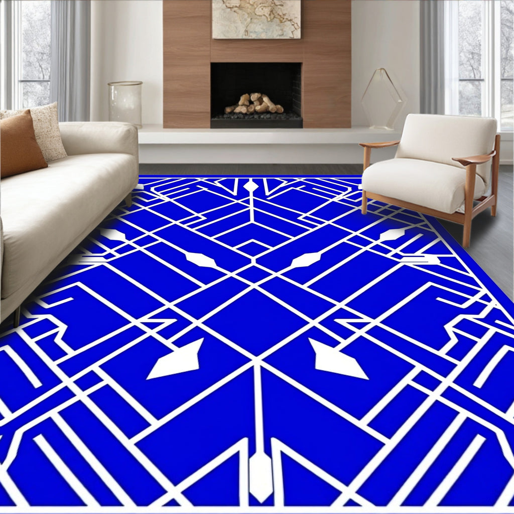 Modern Geometric White on Blue Rug