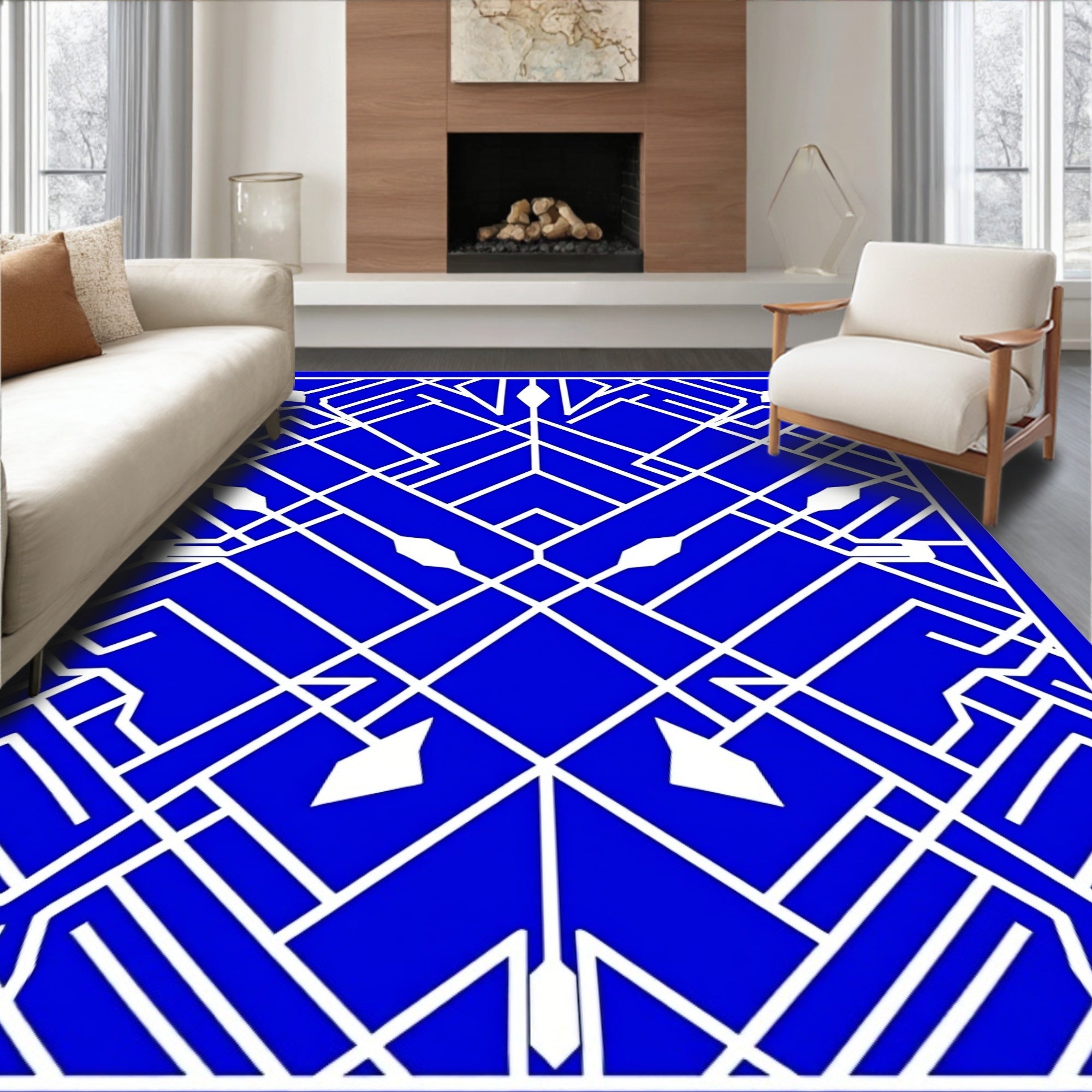 Modern Geometric White on Blue Rug