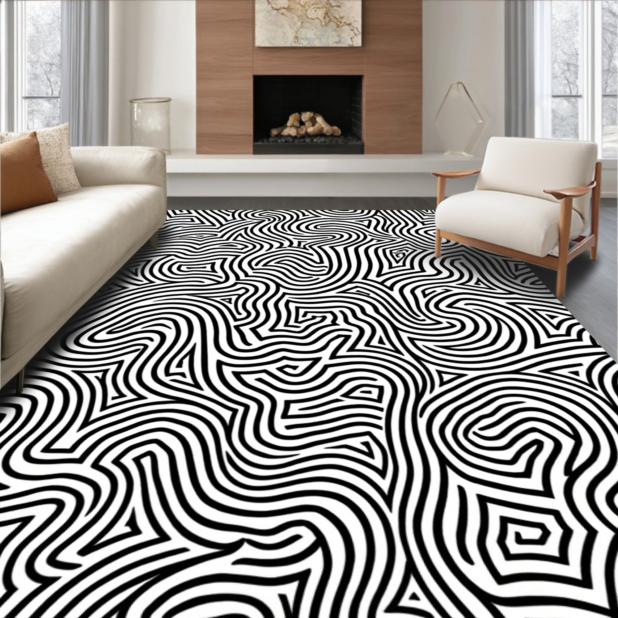 Abstract Black White Wavy Organic Lines Rug