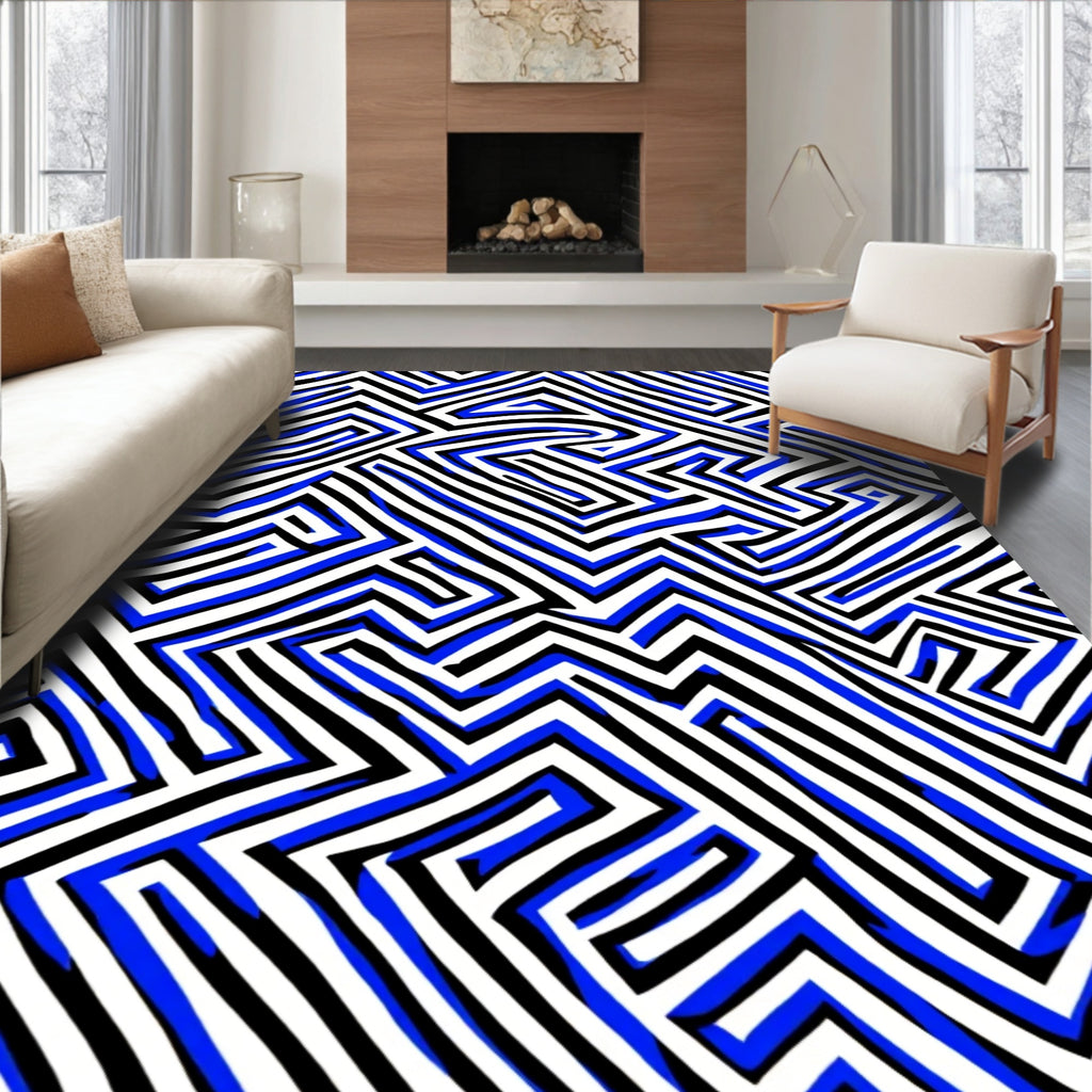 Abstract Blue Black Maze Pattern Rug