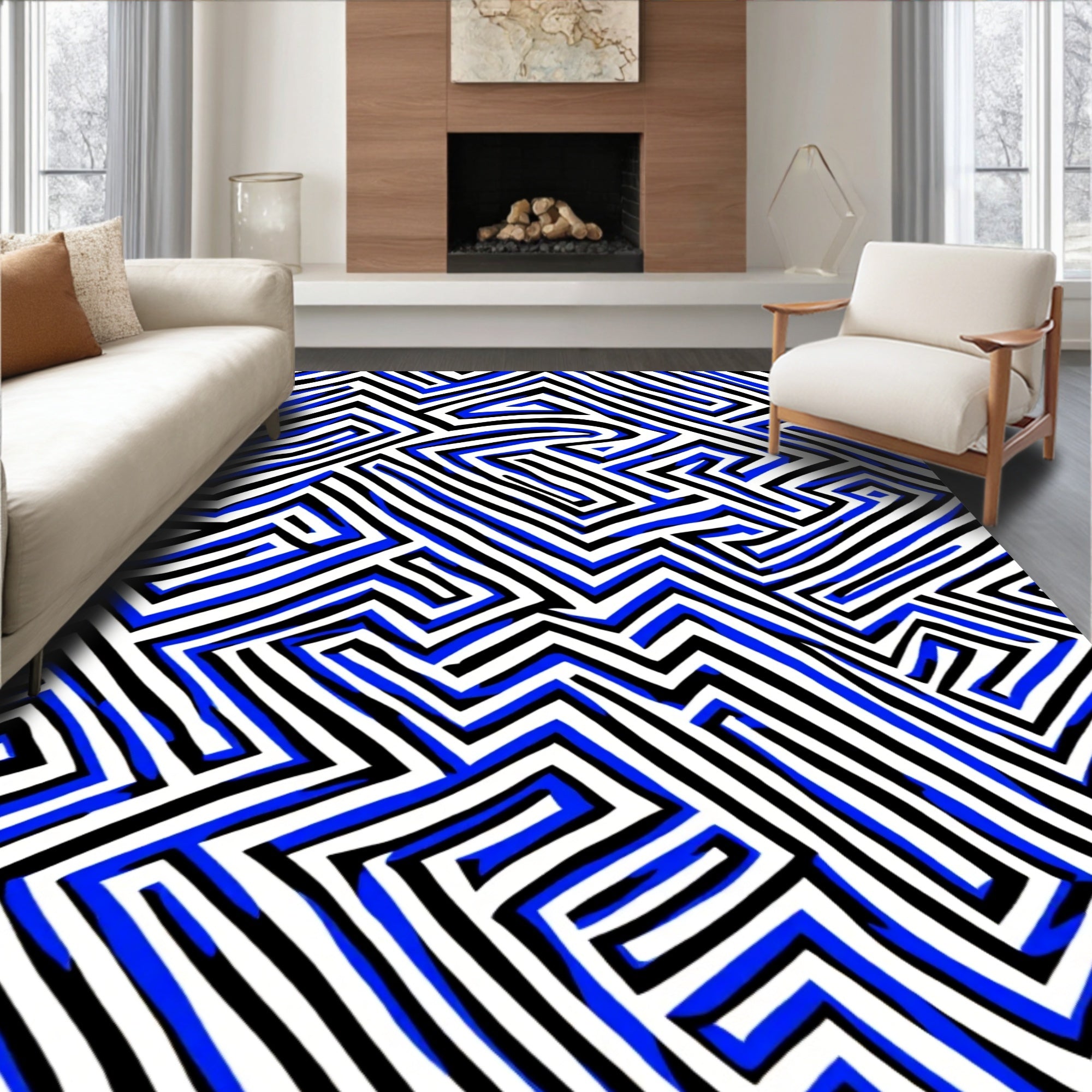 Abstract Blue Black Maze Pattern Rug
