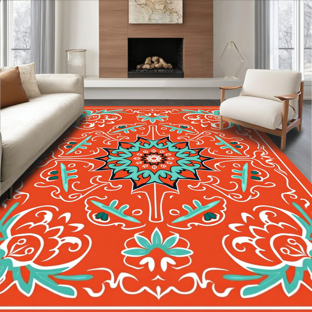 Orange Teal Floral Mandala Motif Rug