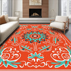 Orange Teal Floral Mandala Motif Rug