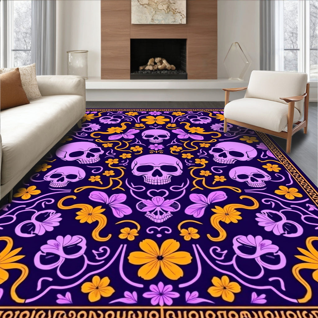 Skull Flower Floral Vine Design Rug