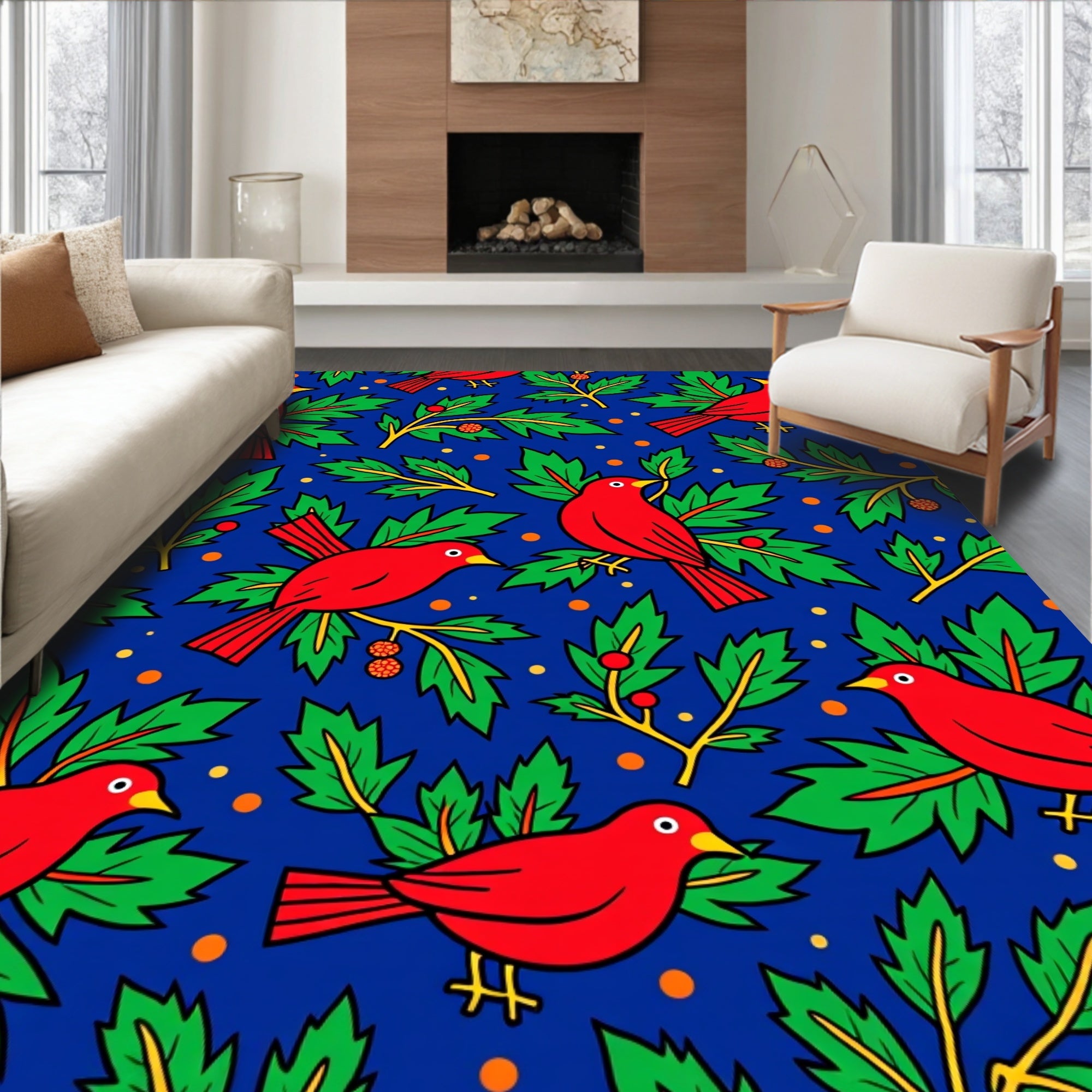 Crimson Birds on Green Foliage Rug