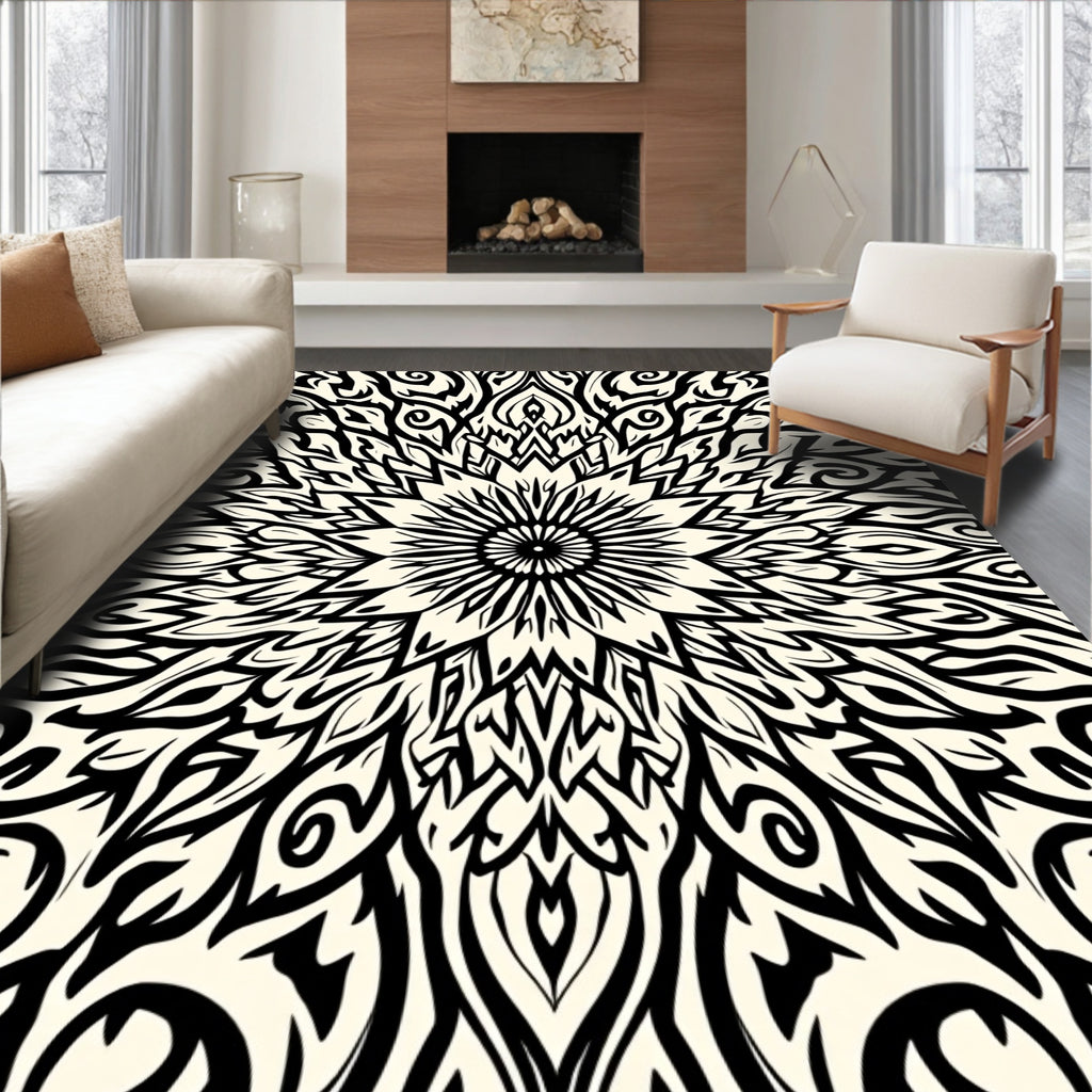 Striking Black Cream Mandala Design Rug
