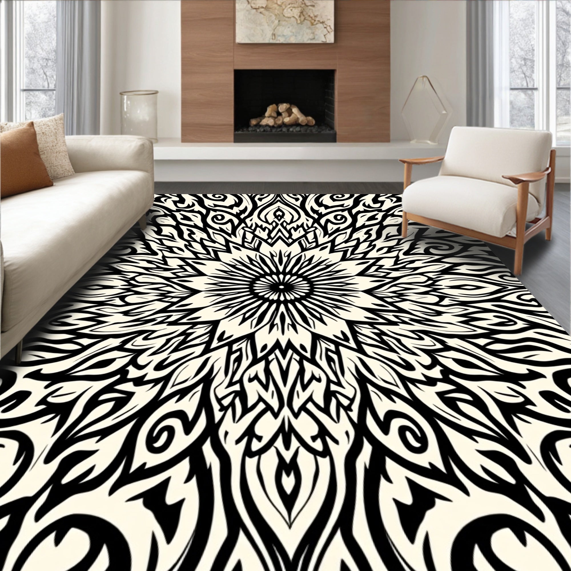 Striking Black Cream Mandala Design Rug